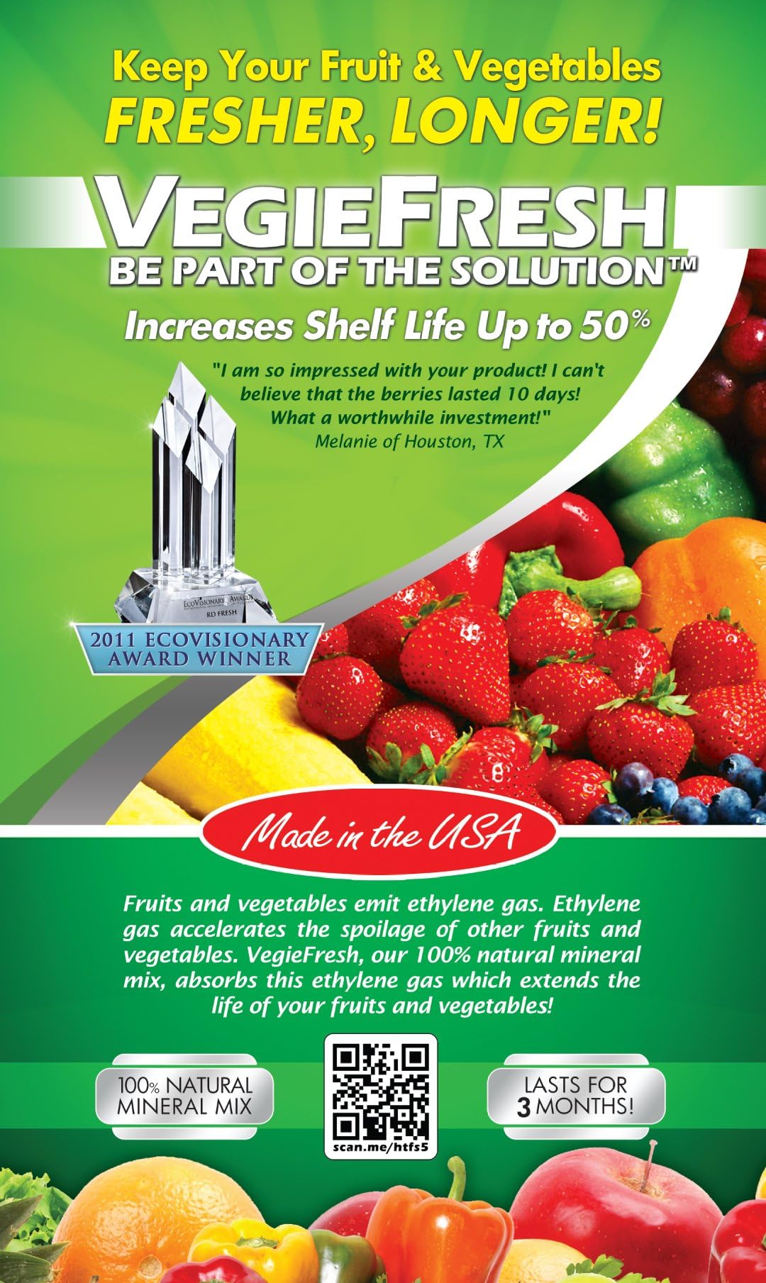 VegieFresh Keep Fruit and Vegetables Fresher, Longer, 4 Ounce
