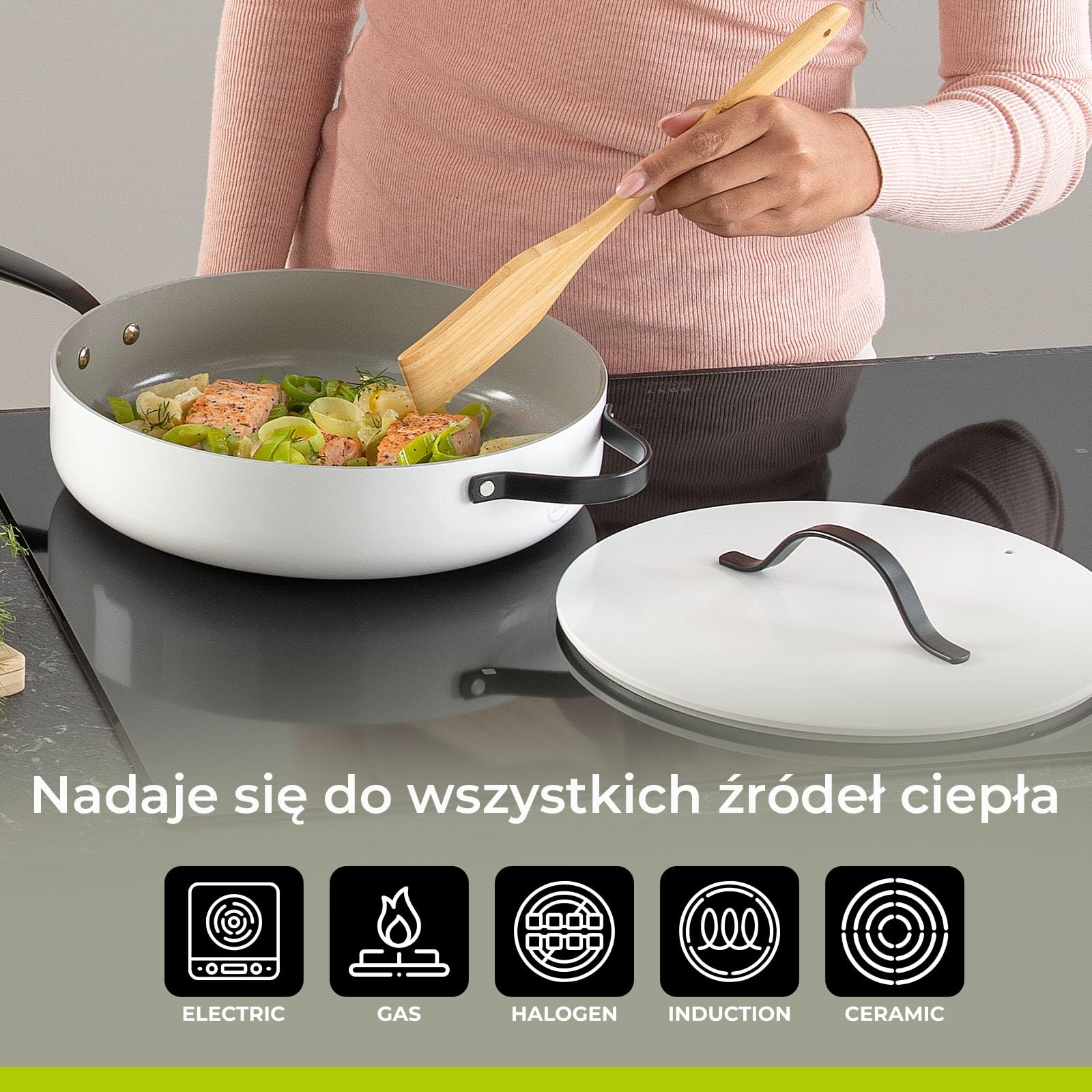 BE Living Essential 5-częściowy zestaw patelni, patelnia do smażenia, patelnia do smażenia, patelnia do sosa, przykrywka, ceramika, bez PFAS, indukcja, biały