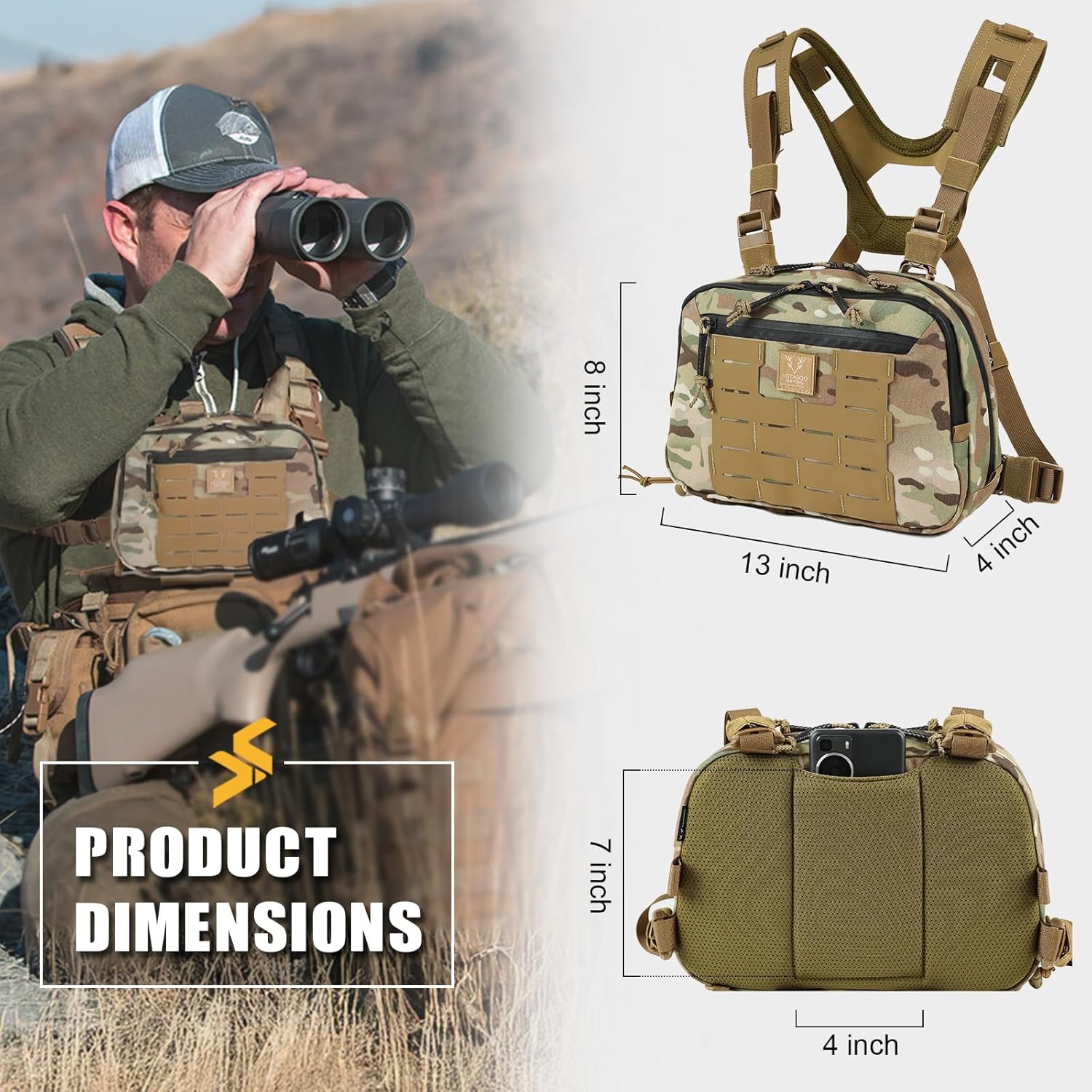 Tactical Chest Rig Bag, 3L Utility Hypalon Molle Chest Rig With Map Pocket 500D Cordura Chest Bag for Hunting Workouts (Multicam)