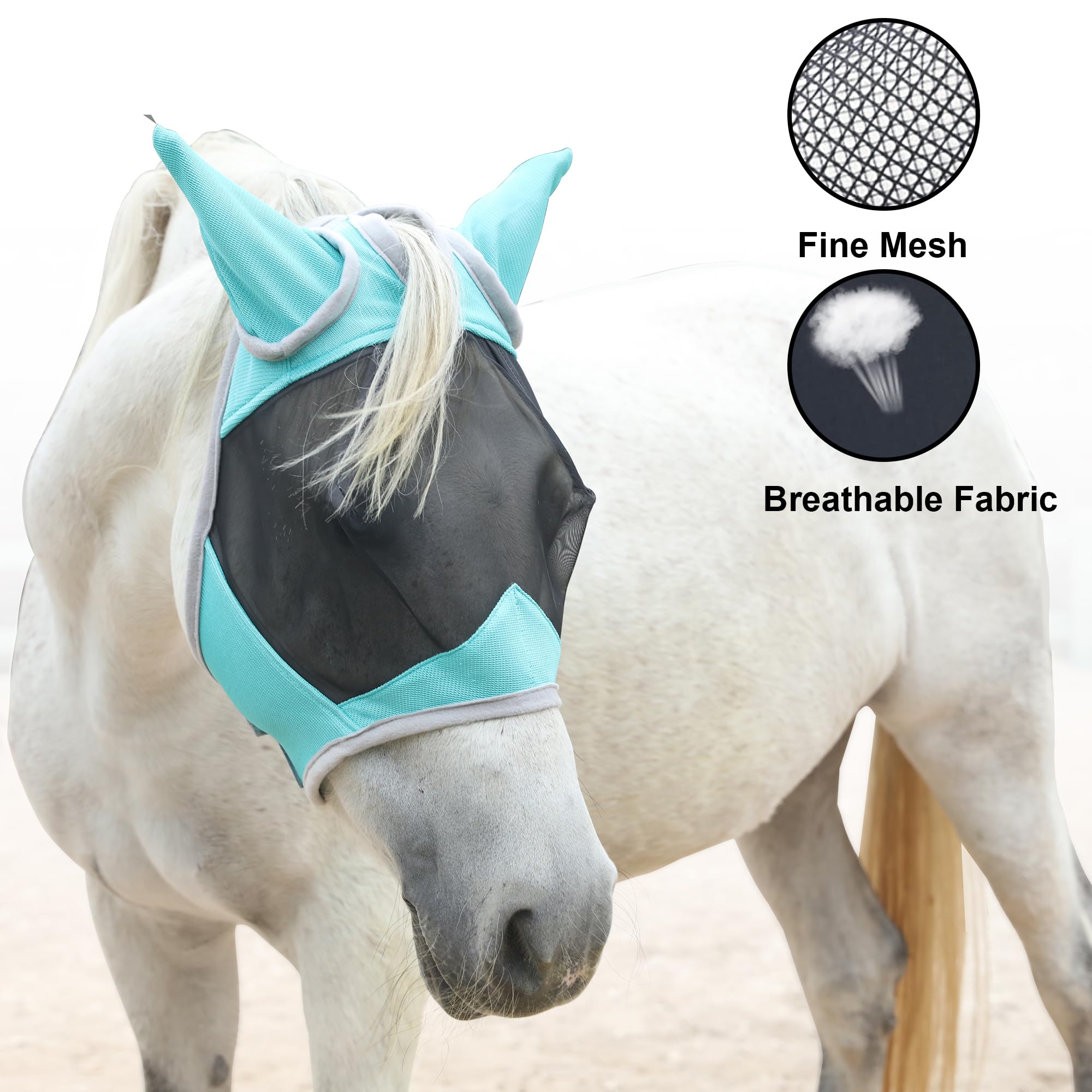 Leberna Horse Fly Mask with Ears, Smoothly Protect Face and Ears from UV & from Insects(Turquoise, Cob) - Image 3