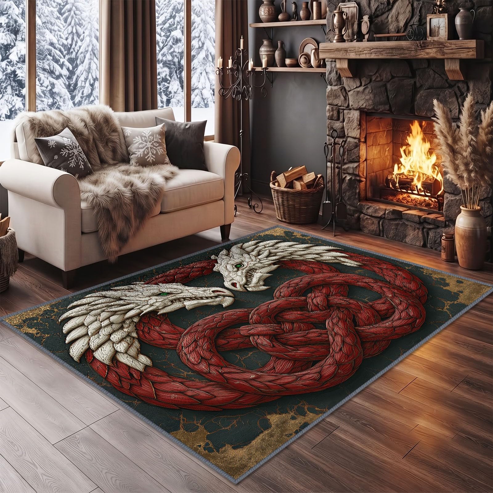 Alfombra doble dragón calavera 120 x 170 cm Dormitorio Alfombras Fantasía Gótico Suave Alfombra Cocina Antideslizante Alfombras Lavables para Salón Comedor Entrada Interior
