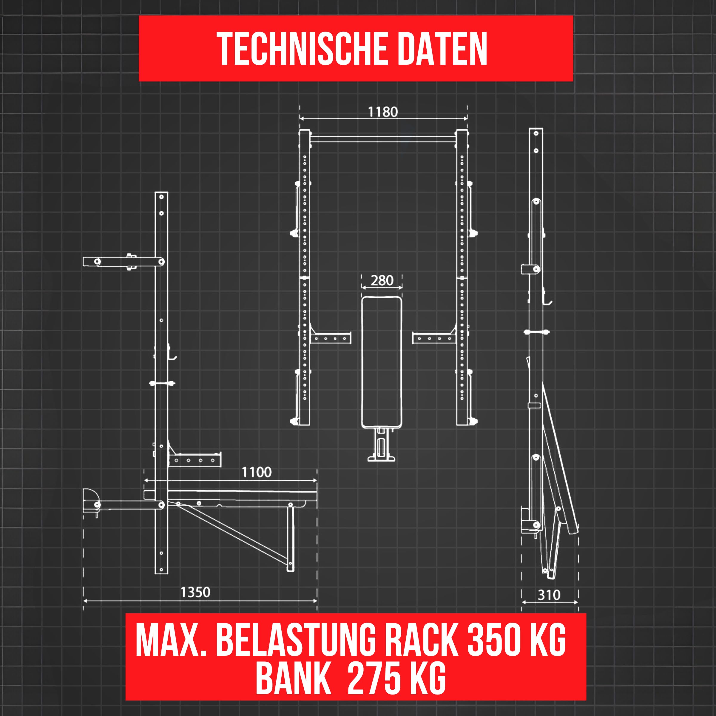 K-Sport: * Black Line * Wall Rack con panca pieghevole | Wall Rack pieghevole fino a 350 kg | Premium bilanciere con panca pieghevole fino a 275 kg | Set completo per Homegym