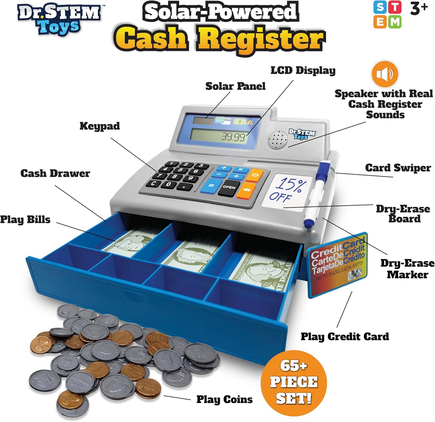 Dr. STEM Toys Solar Powered Calculator Pretend Cash Register with Play Money – 67-Piece Set for Learning Math Skills, STEM Cash Register for Kids (Gray)