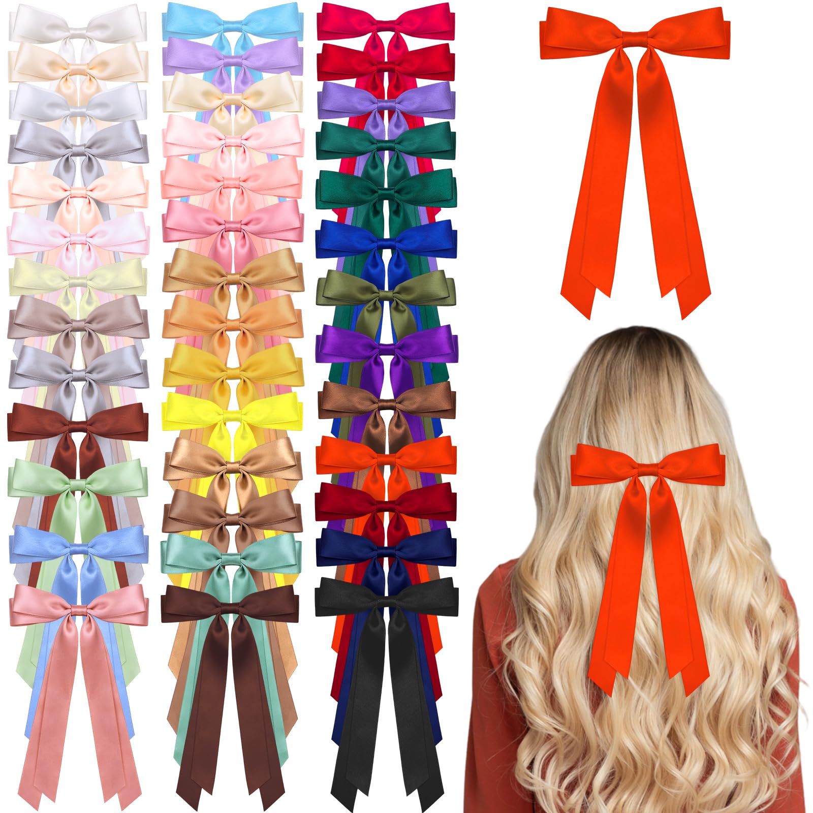 32Pcs Satin Oversized Hair Bows with Long Tails and Clips