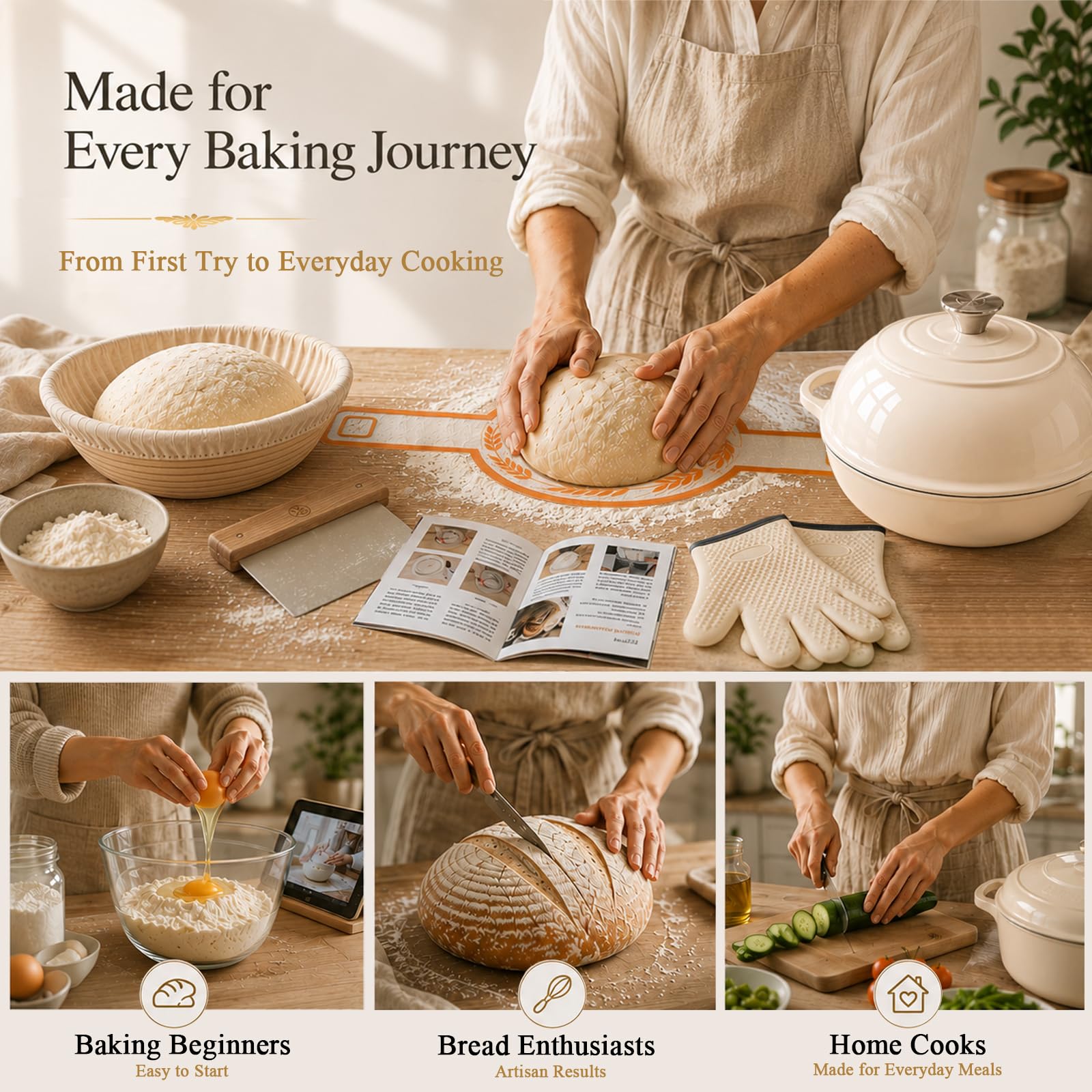 AHJ Gusseisen Topf Brot Backen, 5,7L Brotbacktopf mit Gärkorb & Silikonmatte,Emaille Dutch Oven 26cm für Sauerteig Brot, Bräter Schmortopf für Backen Schmoren & Braten,Geschenk für Brotbäcker (Weiß)