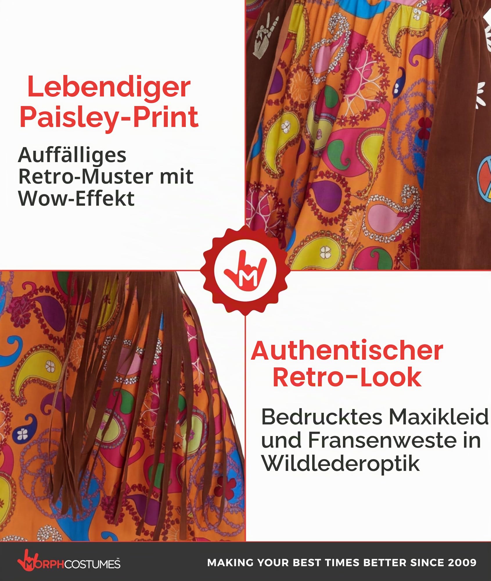 Morph Hippie Kostüm Damen, 70er Jahre Outfit Damen, 70er Jahre Bekleidung, Hippie Kleid, Schlagermove Outfit Frauen, Karneval Kostum Frauen, Fasching