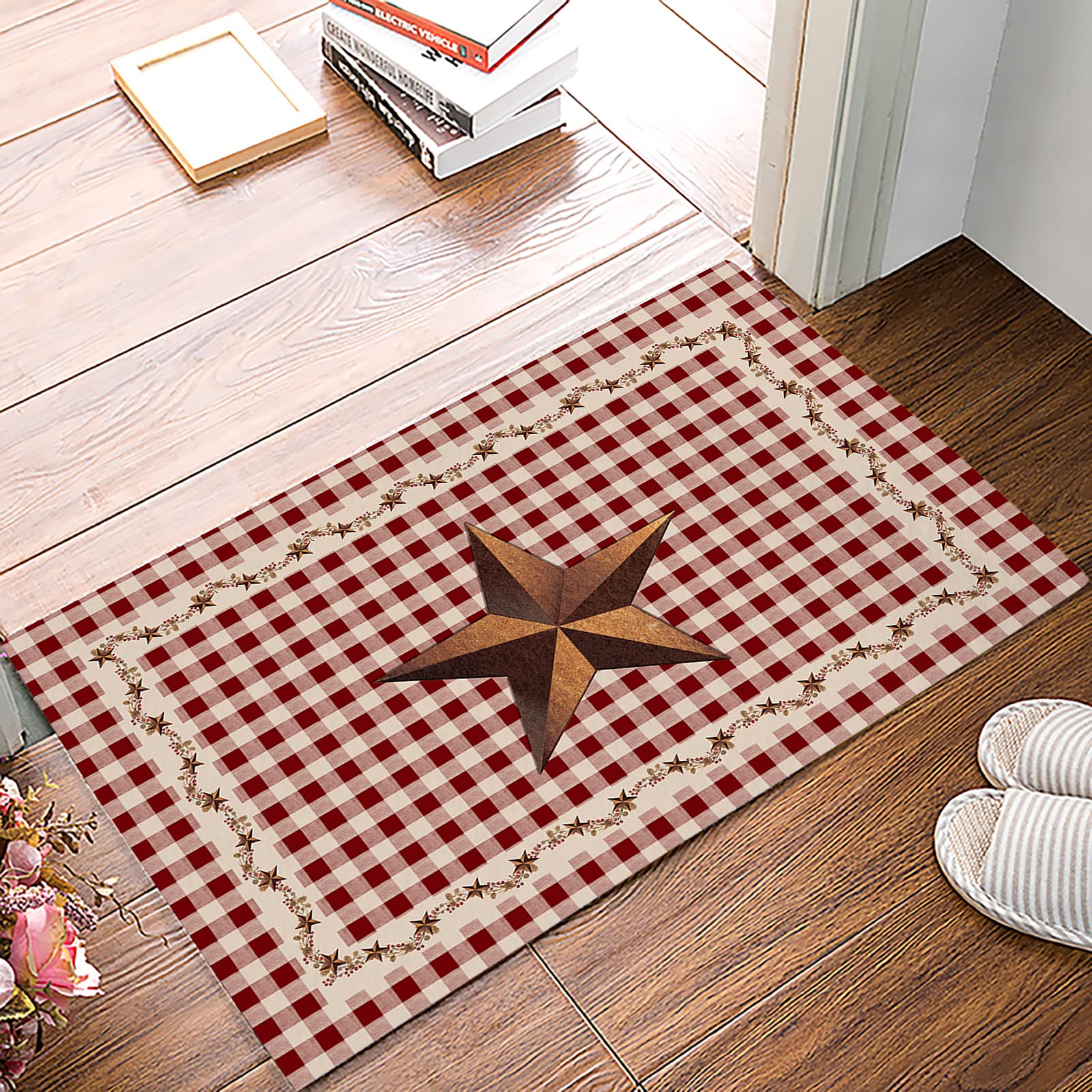 Primitive Berries on Red Buffalo Check Plaid Indoor Outdoor Welcome Door Mat Bathroom Non-Slip Durable Washable Floor Mat Bedroom Kitchen Absorbent