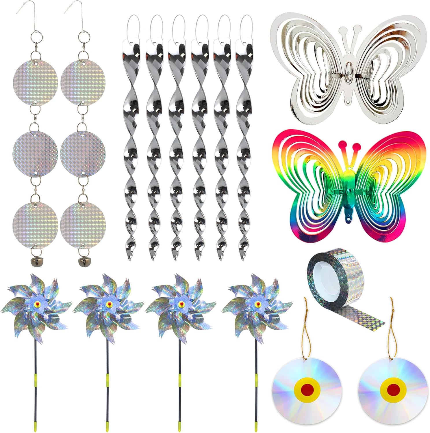 Bird Repellent Set - Includes 2 Reflective Pinwheels, 2 Butterfly Wind Spinners, 6 Spiral Devices, 1 Scare Tape & 2 Discs, to Repel Pigeons, Seagulls, Woodpeckers for Balconies & Gardens