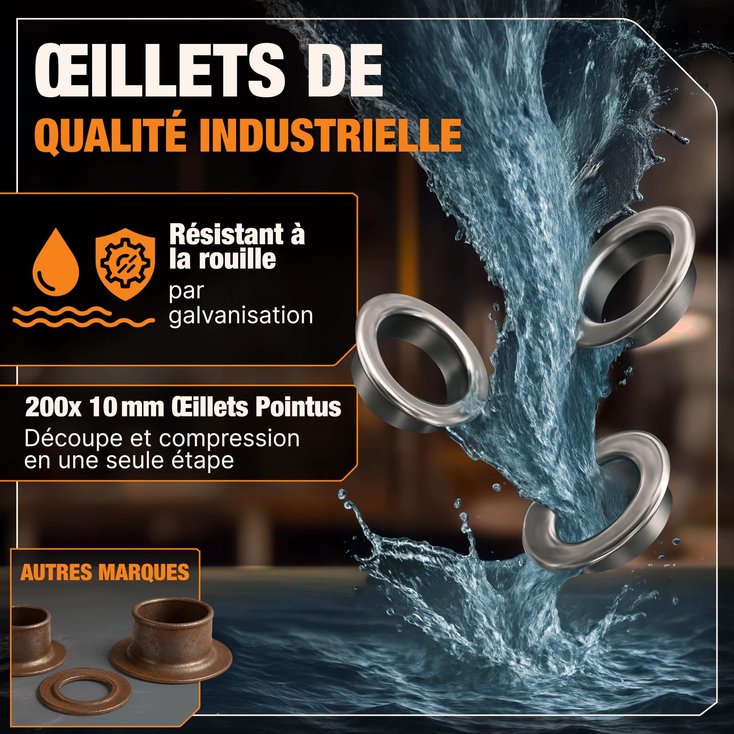 BAURIX® Pince à Oeillets avec 200 œillets (Ø10 mm) – Auto-perforante sans Pré-trou – pour Bâches, Tissus, Cuir & Textiles – pour Couturières, Bricoleurs & Artisans - TALOS
