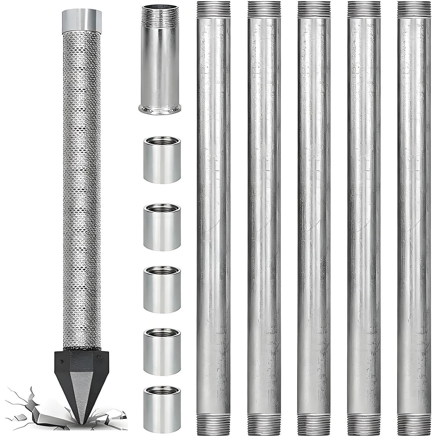 Uordby 6M(19.4Ft) Well Drilling Kit, 1-1/4 Stainless Steel Well Drive Point For Soft Soil, Heavy Duty Sand Point Well Kits For Shallow Water, 36" Point 60 Mesh, For Garden, Farm, Lawn