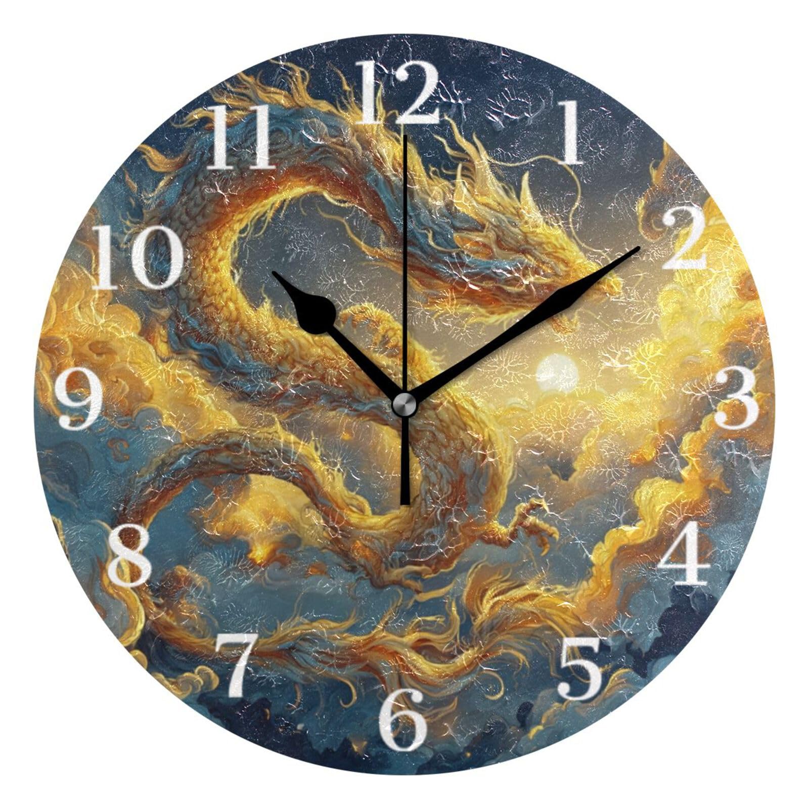 Ensound Gold Dragon Wall Clock Silent Non-Ticking Battery Operated Clocks 12 Inch for Kitchen Home Living Room