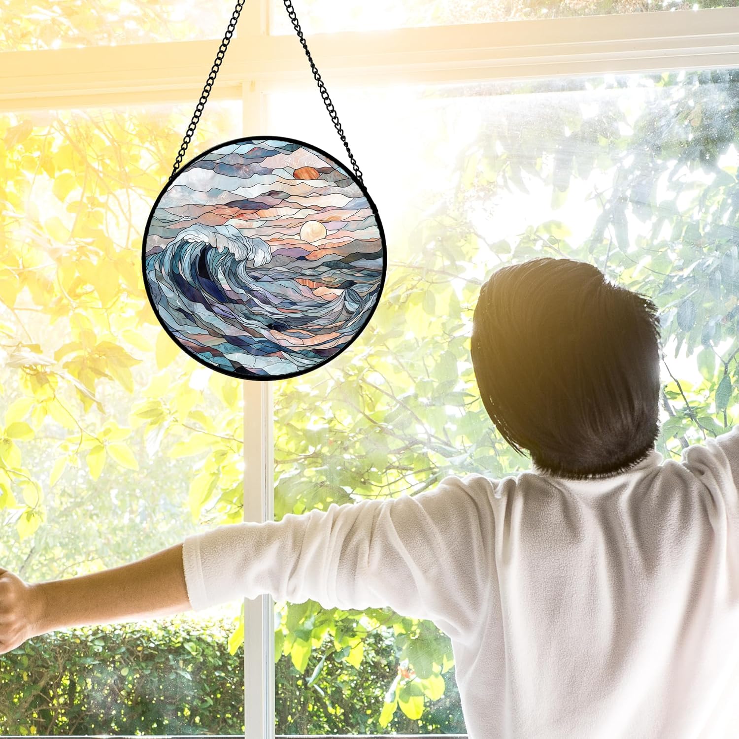 Stained Glass Window Hanging, Sunrise Waves Sun Catchers Diamond Glass Panel Hangings Abstract Suncatcher Decor for Birthday for Women, Men, Wife, Aunt, and Mom 6.3 in - Image 3