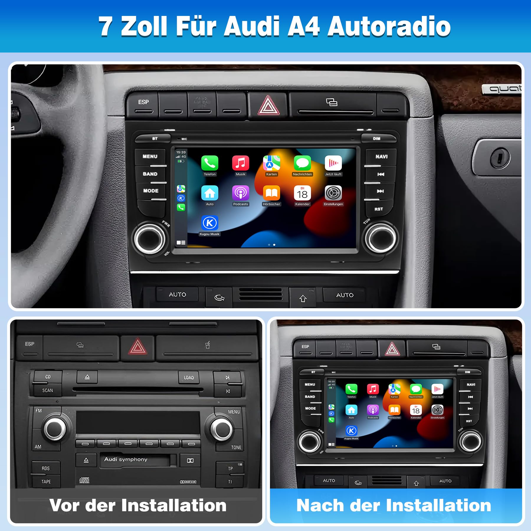 Radio samochodowe z systemem Android 13 do Audi A4/S4/RS4 B6/B7 (2002-2008) | 7-calowy ekran dotykowy IPS z kamerą cofania HD | Bezprzewodowy CarPlay i Android Auto | Nawigacja GPS 2 GB + 64 GB
