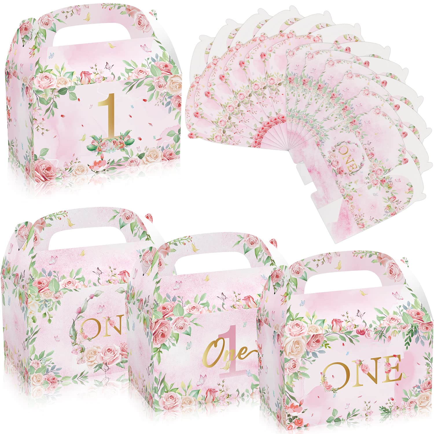 MIKIMIQI12 PCS Pink Floral 1st Birthday Favor Boxes - Girl Birthday Party Decorations, Flowers Bags for Baby Shower Party Supplies
