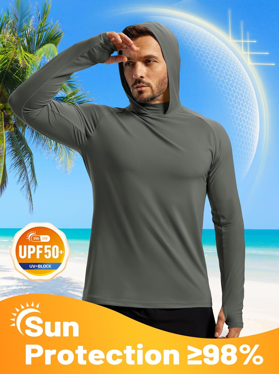 MAGCOMSEN Men's UPF 50+ Hoodie Fishing Shirts Long Sleeve UV Sun Protection Rash Guard Swim Beach Running Hiking