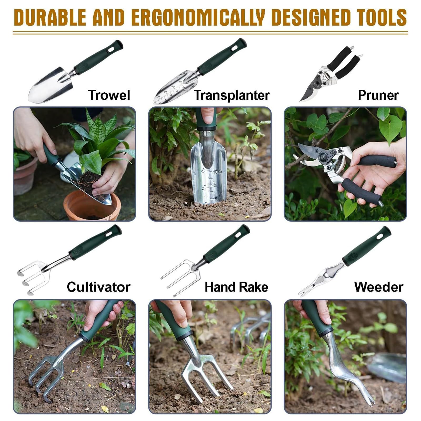 10 Pezzi Set di Attrezzi da Giardino Fai da Te per Lavori Pesanti per Il Giardinaggio con Borsa per Attrezzi da Giardino Kit Ergonomico di Utensili Manuali da Giardinaggio Regali da Giardino