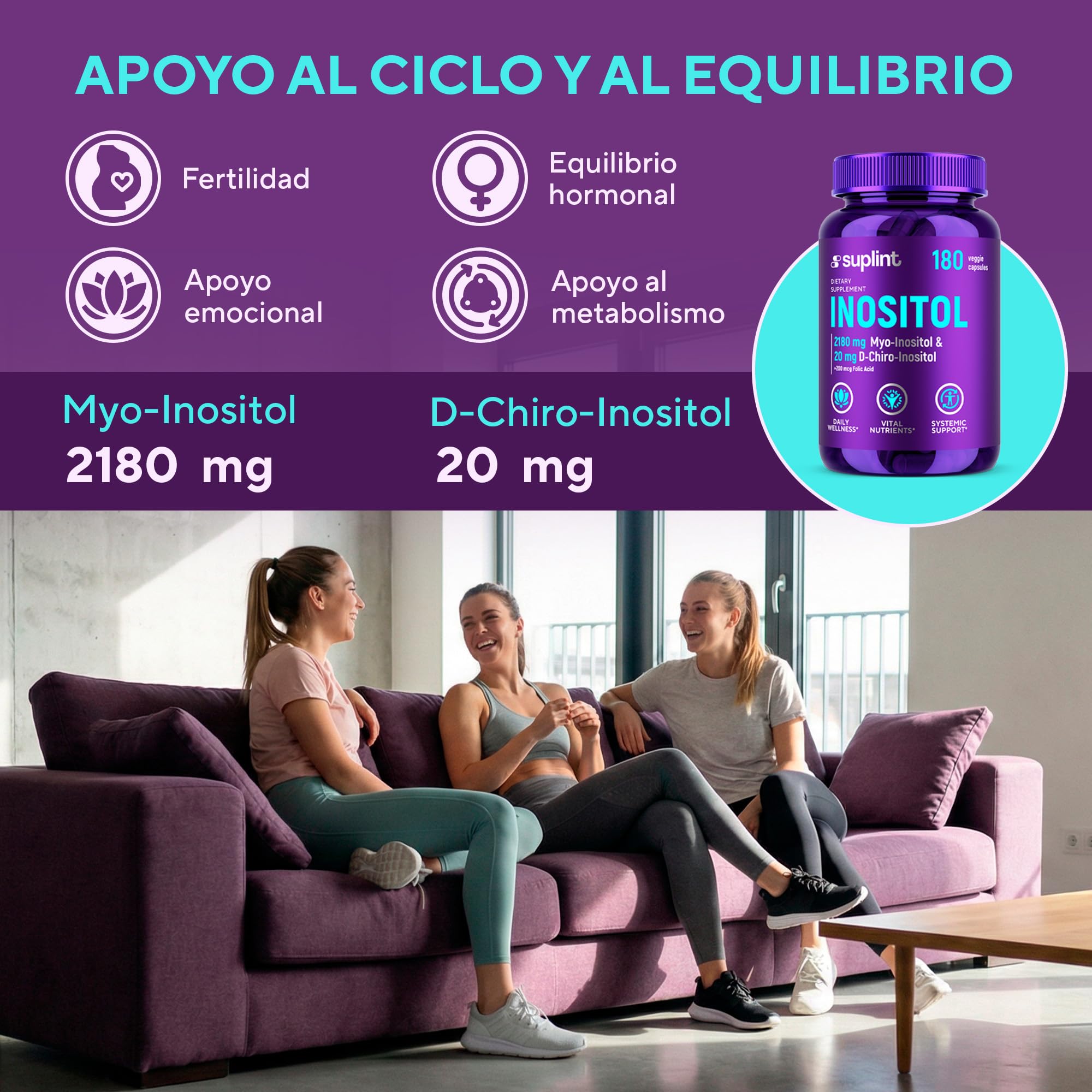 Inositol Myo & D-Chiro (Cápsulas) con Ácido Fólico – 2200 mg por Porción – Apoyo al Ciclo y Equilibrio Hormonal – 180 Cápsulas Veganas – Alta Biodisponibilidad – Suplemento Certificado GMP
