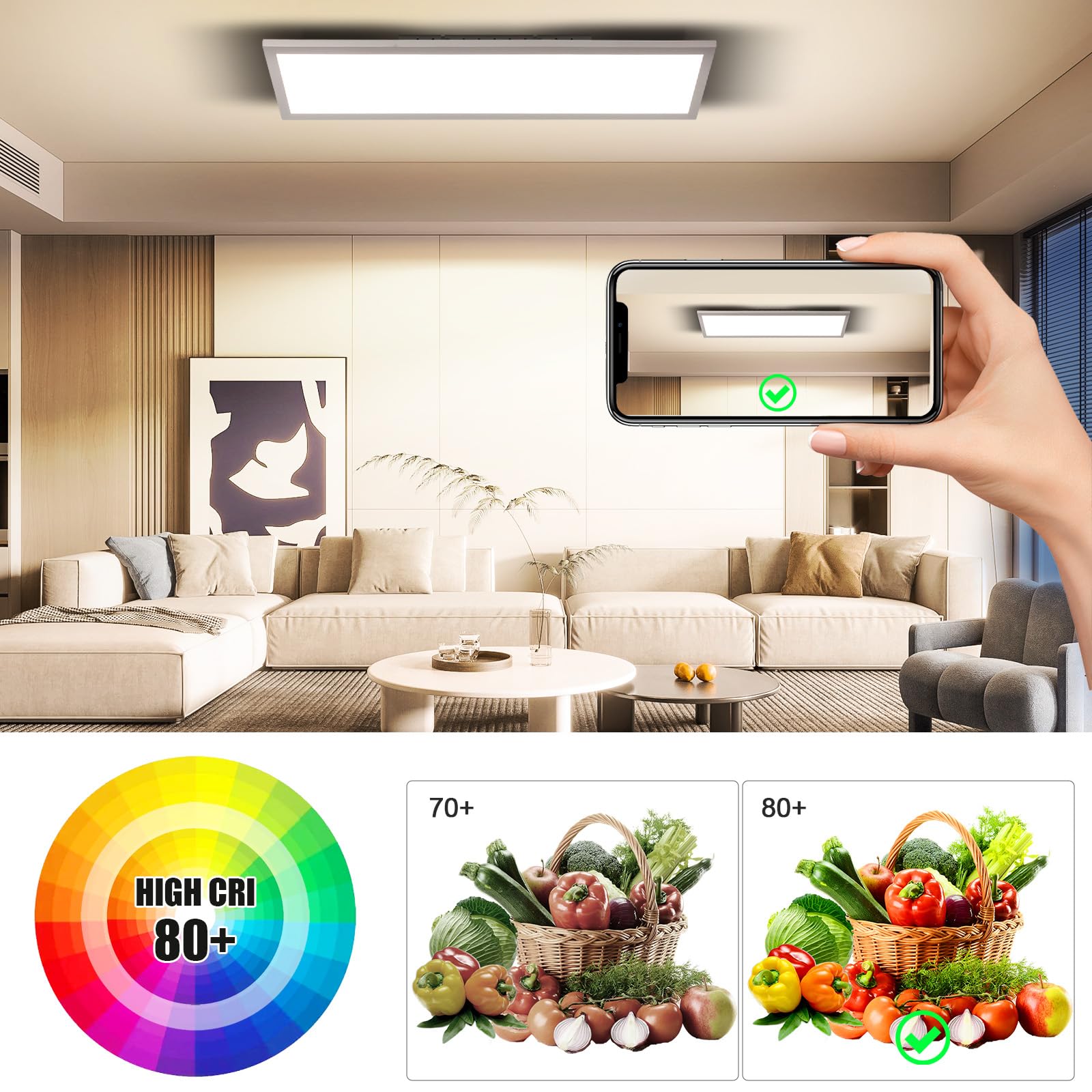 OTREN Panel Superficie LED 58x20cm, Lámpara Techo 26W Con Mando a Distancia 2600LM Regulable Luz para Salón Oficina Cocina Dormitorio, 2800-6000K
