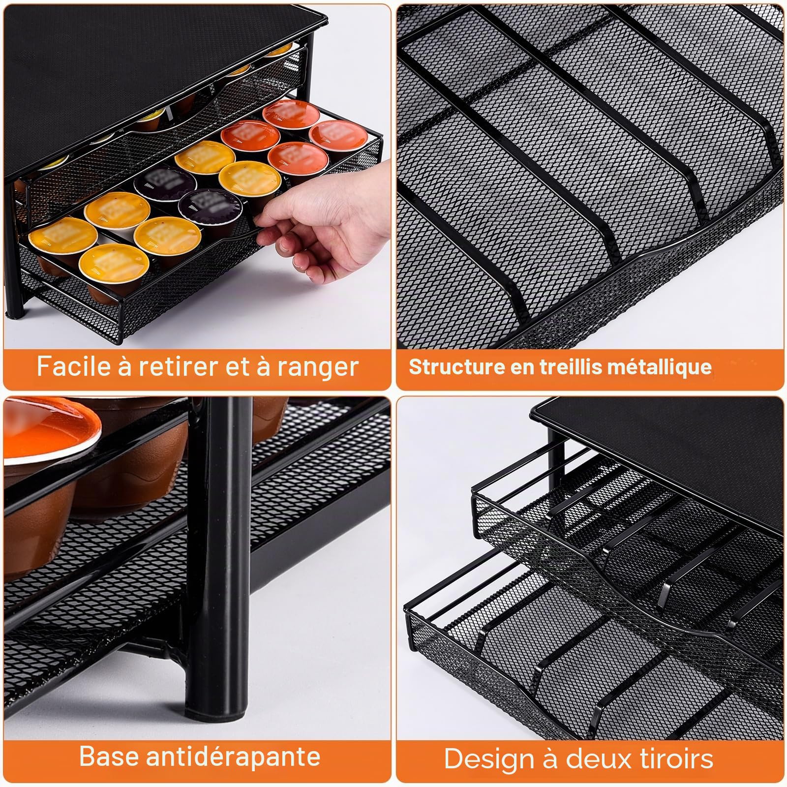 Porte-Capsule pour 72 Dolce Gusto Capsules, Support de Machine à Café avec 2 Tiroirs de Rangement Dosettes Antidérapants, Distributeur/Organisateur Capsules en Métal avec Surface Anti-Vibration
