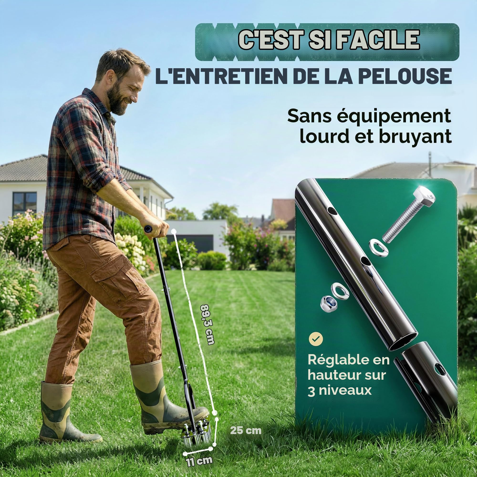 Aérateur de pelouse Pro - Fourche aérée innovante - Scarificateur et aérateur pour aération de pelouse - Outil de jardin de qualité supérieure pour aérer et ameublir la pelouse