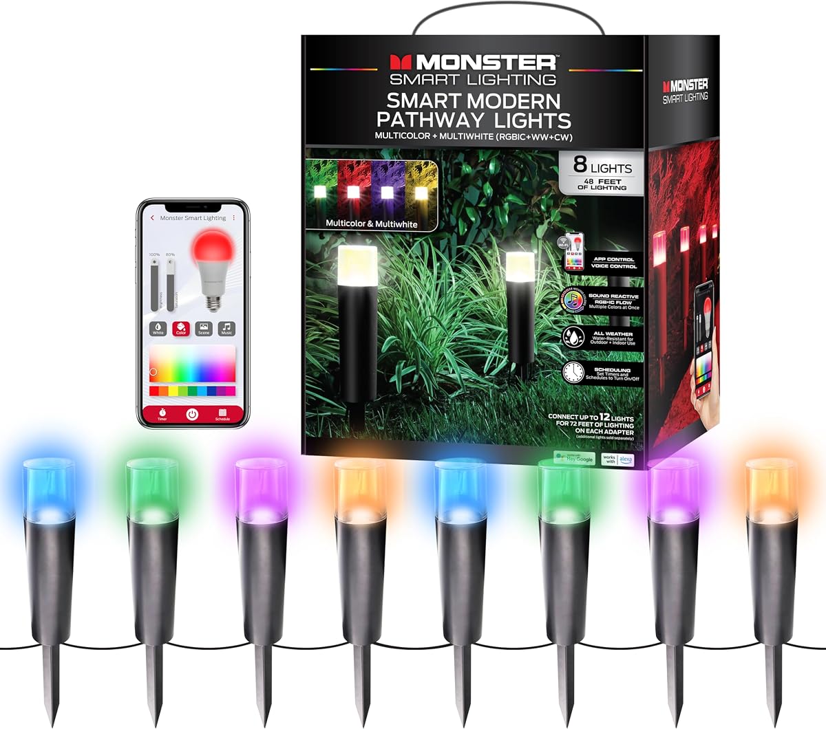 Luces LED Monster Smart RGB+IC+WW Pathway, 8 LED regulables controlados individualmente, reactivo al sonido, IP44 resistente al agua y a la intemperie, compatible con Alexa, Siri, Google Home, Monster App, Razer Chroma