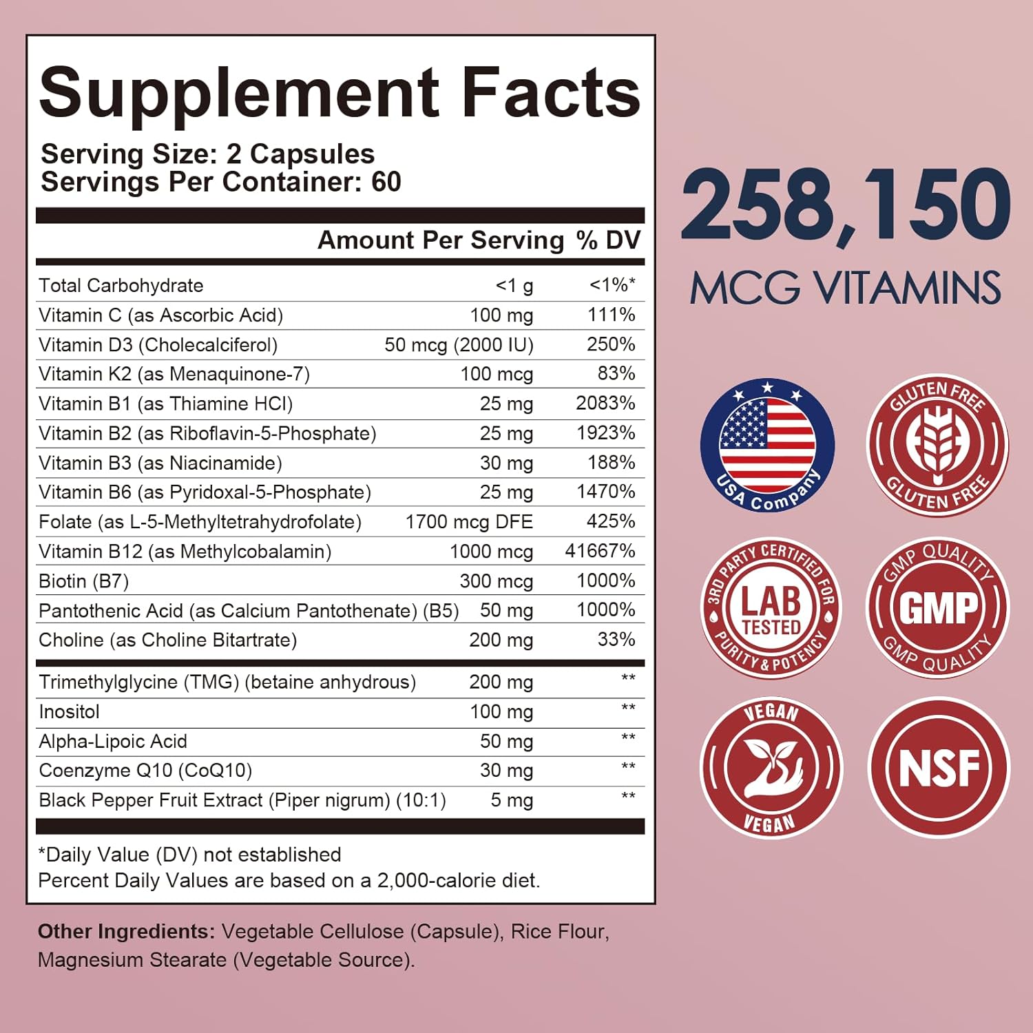 Migcopat 17-in-1 Methylated B Complex, 258,150 mcg Multivitamins, B12 Methylcobalamin, Methylfolate,Vitamin C, Vitamin D3 K2, CoQ10, Biotin, TMG, Methylated Multivitamin for Energy, Brain-240 Capsules