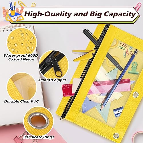 Miniatura 3 de Estuche para lápices para carpeta de 3 anillos, 36 piezas a granel con 3 agujeros con cremallera en 6 colores surtidos, estuche transparente y