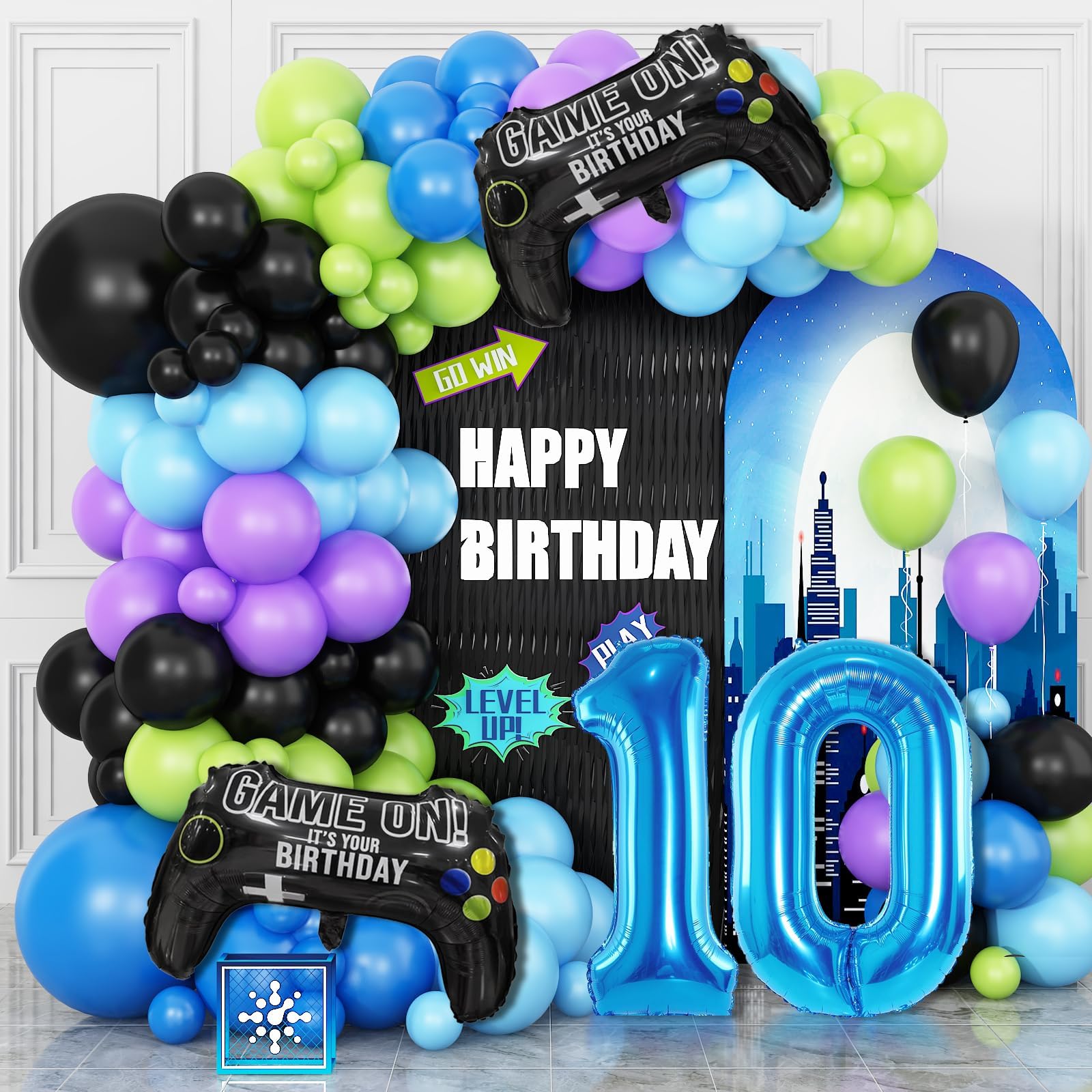 10th Birthday Video Game Balloons Arch, 10th Party Balloons Garland Kit 10th Birthday Supplies with Blue Number 10 Balloon Game Foil Balloons for 10