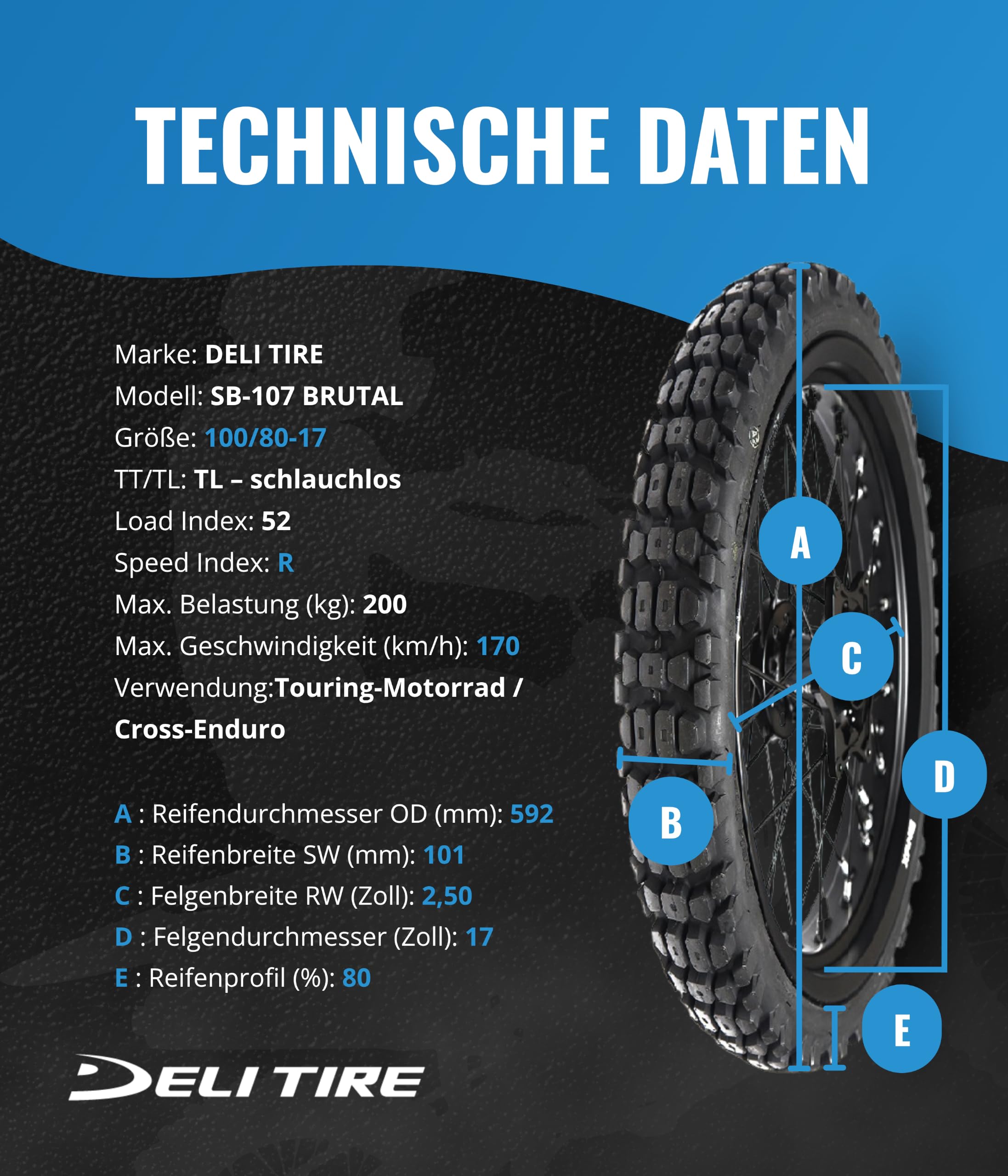 DELI TIRE Schlauchlos Motorradreifen 100/80-17 Vorne/Hinten - Ganzjahresreifen 52R für Cross Enduro und Tourenmotorrad SB-107 BRUTAL - Allwetterreifen TL für Spikes - Winterreifen für Touren