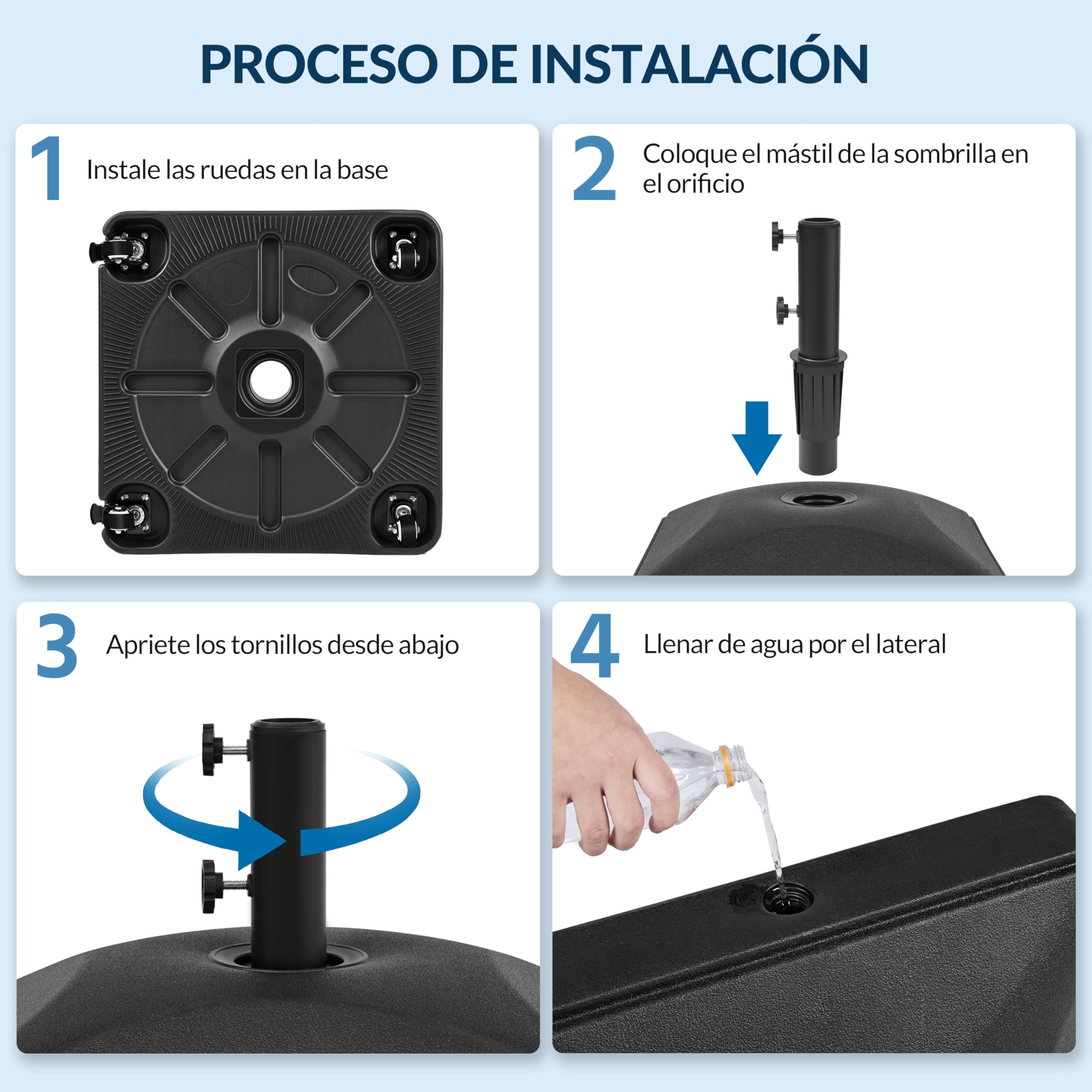 Yaheetech Base de Sombrilla Cuadrada Rellenable 37kg Agua /60kg Arena Negro | Ruedas Bloqueables, Mástiles con Tornillos de 38/48mm, HDPE Resistente a la Intemperie, Ideal para Jardín/Terraza/Patio