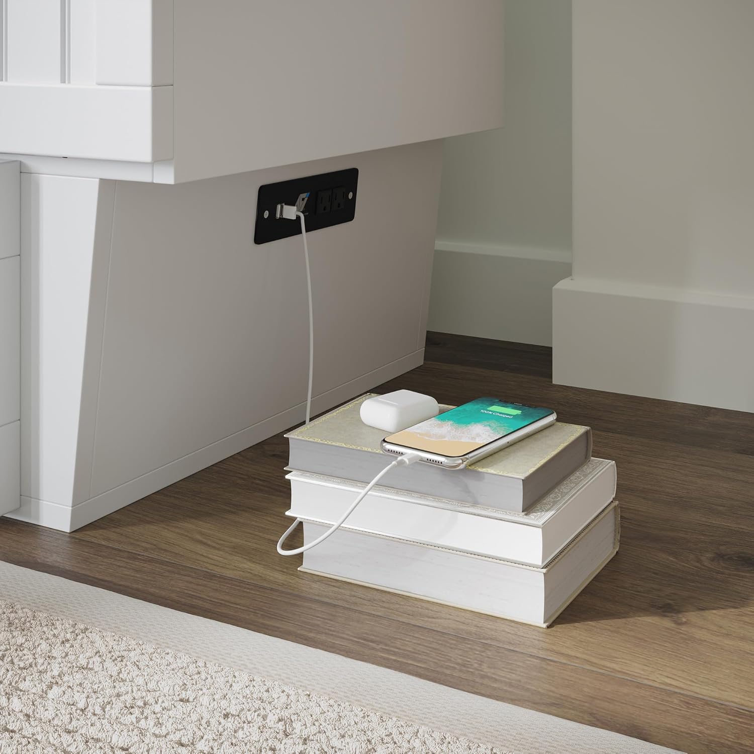 AFI, Nantucket Full Size Murphy Bed Chest with Mattress, Storage Drawer and Built-in USB Charger, White