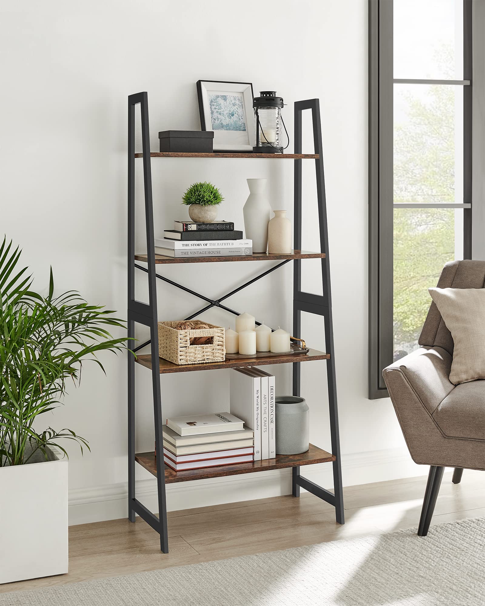 VASAGLE Libreria, Libreria Scaffale a Scala, Scaffale Portaoggetti a 4 ripiani, Struttura in Bambù, Montaggio Facile, Soggiorno Salotto Camera da Letto Cucina, Marrone Vintage e Nero BCB020B01V1