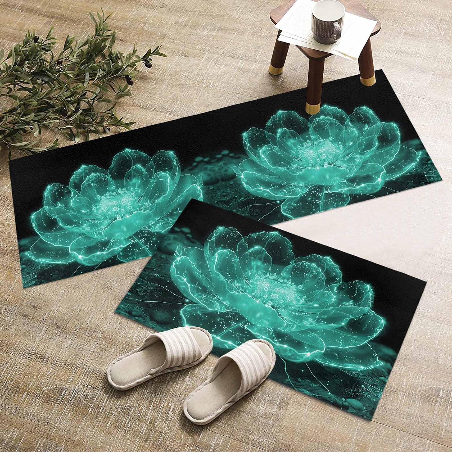 Kitchen Mats for Floor Teal Watercolor Transparent Flower Washable Non Slip Kitchen Rugs 2PCS, Blooms Floral on Black Absorbent Standing Mats for Sink Office Living Room 15.7x23.6in+15.7x47.2in