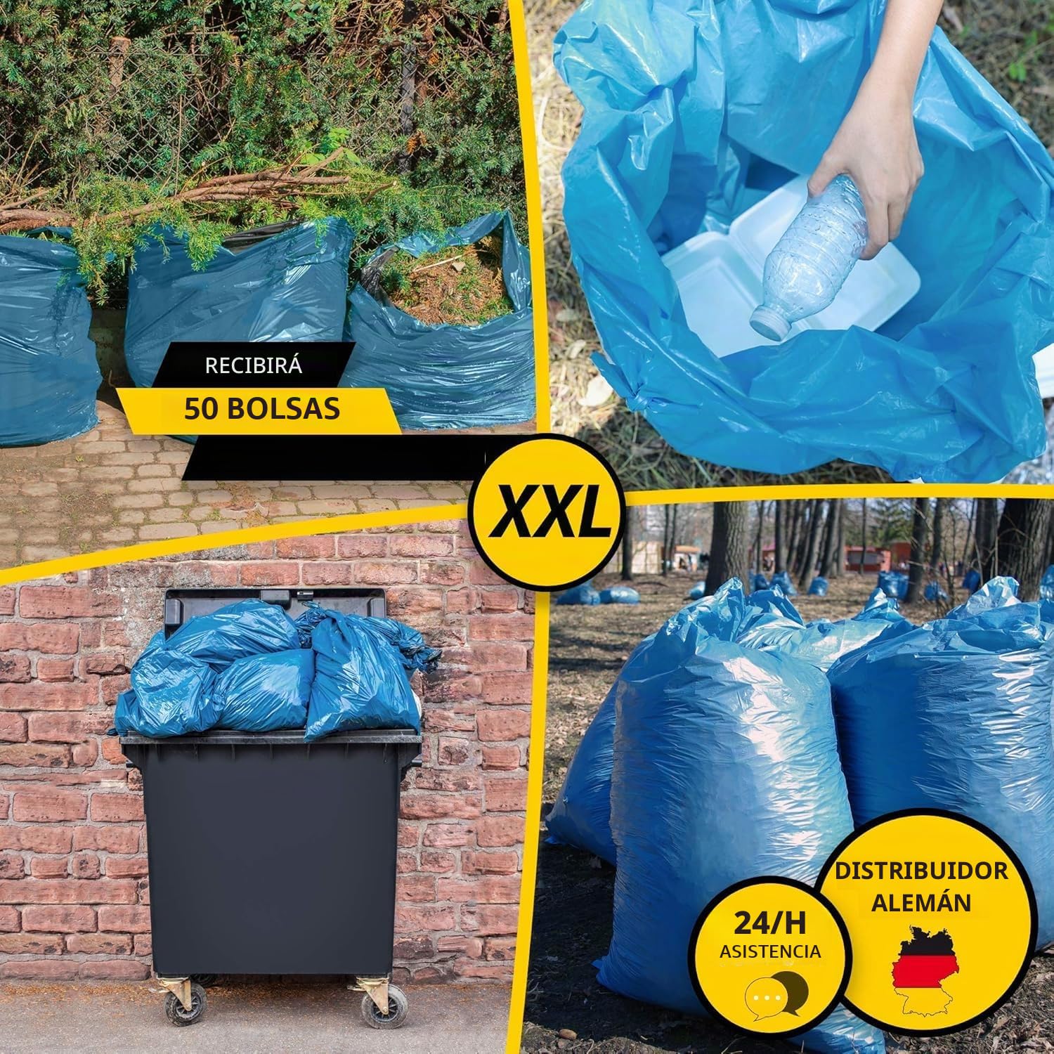 Bolsas de basura de 240 litros, extra fuertes, 70 μ azul, resistentes, bolsas de basura XXL, industriales y de oficina, extremadamente resistentes, estables para cubos de basura (azul, 50 piezas)