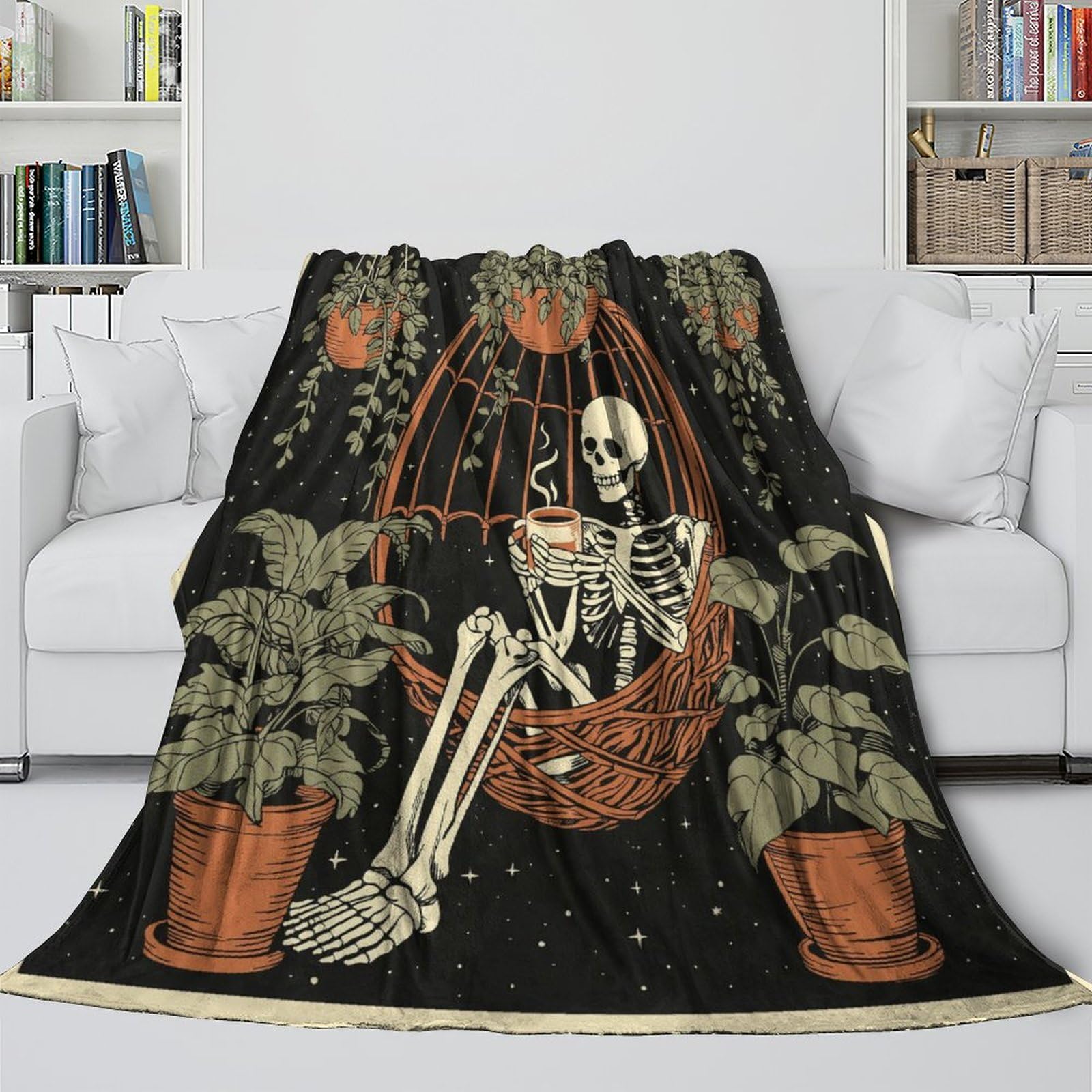 Uno scheletro è seduto in un uovo intrecciato Manta Estampada 3D Sedia sospesa a forma di Colcha De Diseño Ropa De Cama De Microfibra Suave Y Cálida Sofá Ropa De Cama 80x90inch(200x230cm)