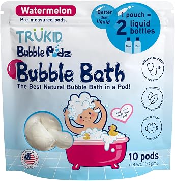 حمام فقاعات TruKid Bubble Podz للأطفال والصغار والرضع، قنبلة حمام لطيفة ومنعشة خالية من الدموع للبشرة الحساسة مع مرطبات طبيعية، غير سامة، متوازنة الحموضة، برائحة البطيخ 10 Podz
