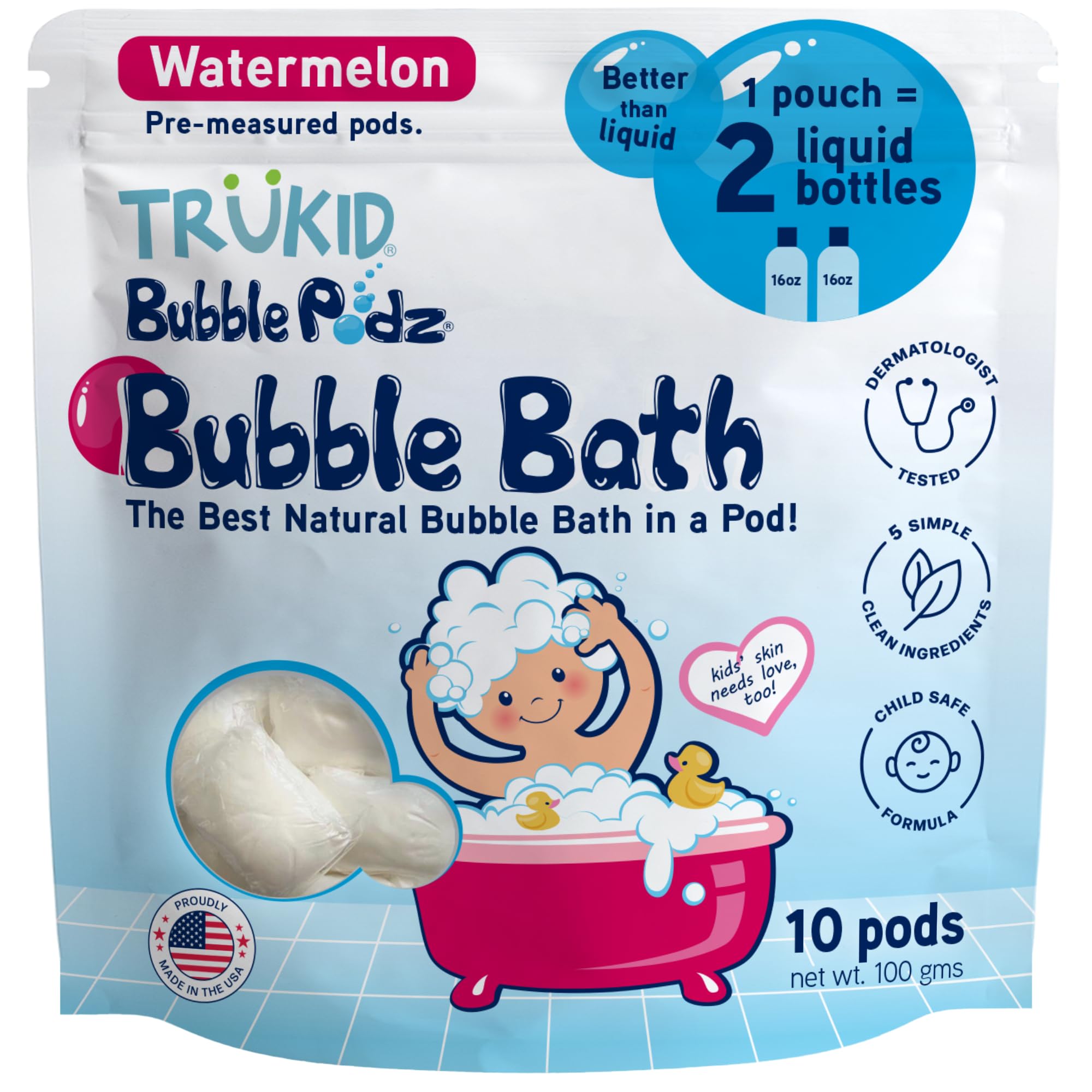 TruKid Bubble Podz Bubble Bath for Kids, Toddlers, &amp; Babies, Tear Free Gentle &amp; Refreshing Bath Bomb for Sensitive Skin with Natural Moisturizers, Non-Toxic, pH Balanced, Watermelon Scent (10 Podz)