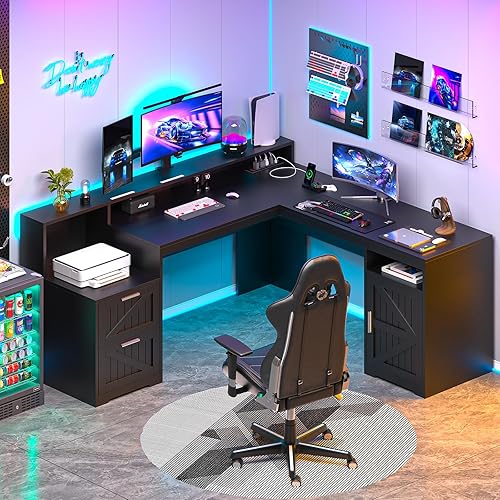 Miniatura 9 de Escritorio rústico en forma de L de 63 pulgadas con cajones y estante de almacenamiento, escritorio esquinero para computadora con tomas de