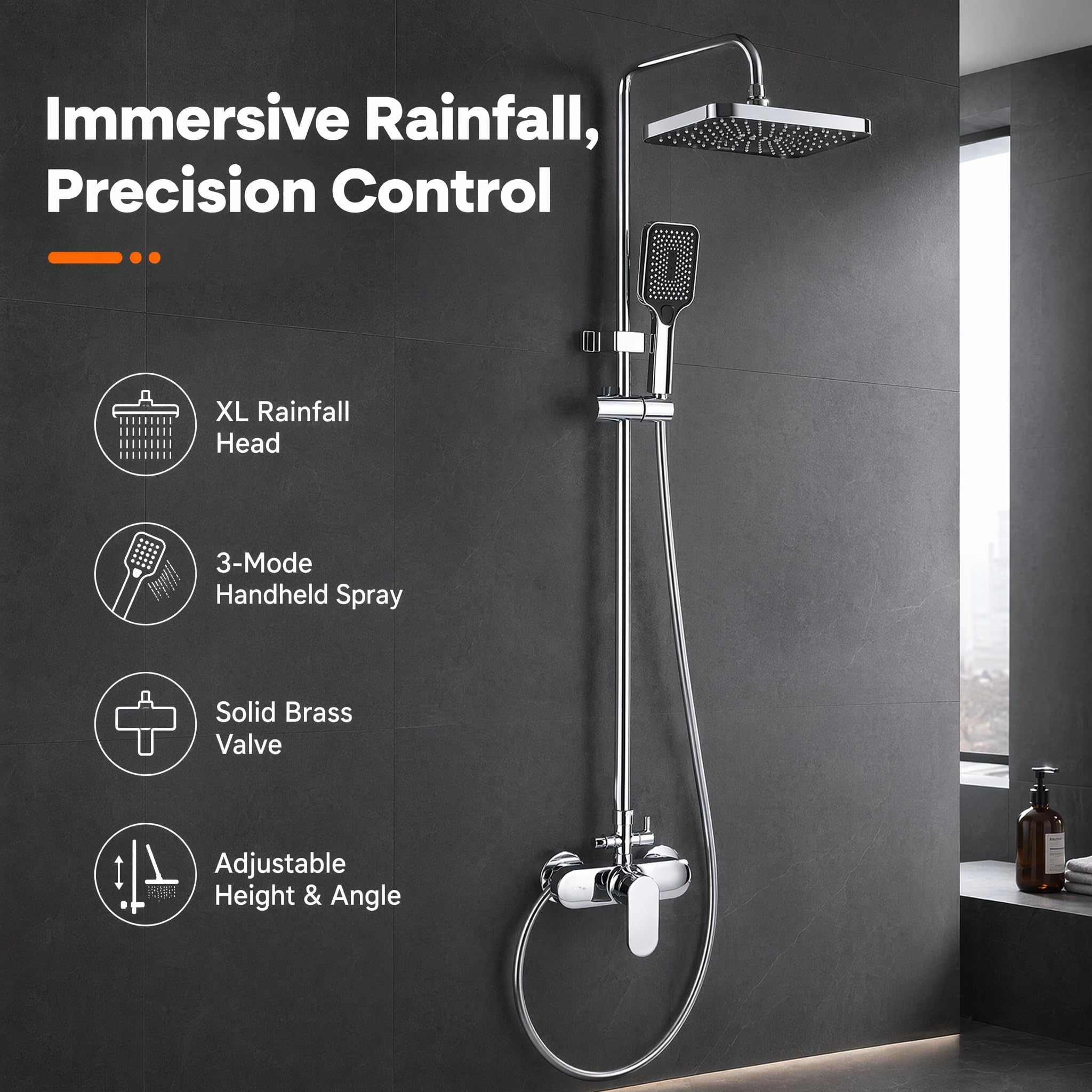 Duschsystem ohne Thermostat mit Armatur, Aufputz Duschset höhenverstellbar 85–120 cm, große Regendusche 30 × 19 cm, Handbrause mit 3 Strahlarten, Chrom Duscharmatur Komplettset
