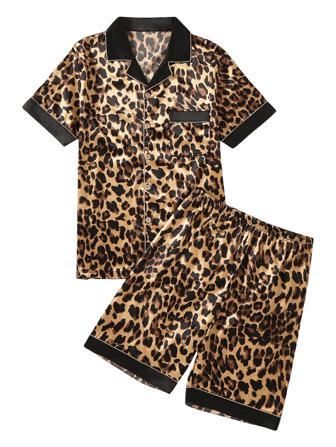 WDIRARA Men's 2 Piece Leopard Print Satin Pajama Set Shorts Loungewear Sets