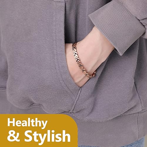 Miniatura 9 de Feraco 2 pulseras de cobre y pulseras magnéticas para mujer con 3800 imanes de terapia Gauss, pulsera magnética de acero de titanio con circonita