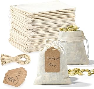 50 Pcs (4 X 3 Inch) Muslin Bags with 50 Pcs Gift Tags & Strings, Cotton Drawstring Sachet Bags for Wedding Party - Reusabl...