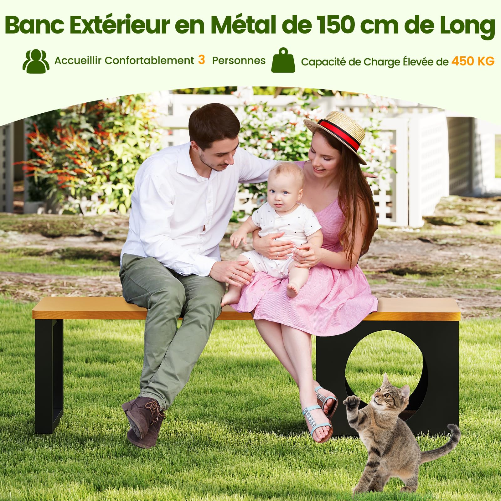 GOPLUS Banc de Jardin Exterieur 3 Personnes avec Grotte Chat Griffoir, 2 Portes, Banc Interieur avec Niche Chat Résistant aux Intempéries sans Dossier, pour Balcon, Entrée, Parc, Charge 450 kg