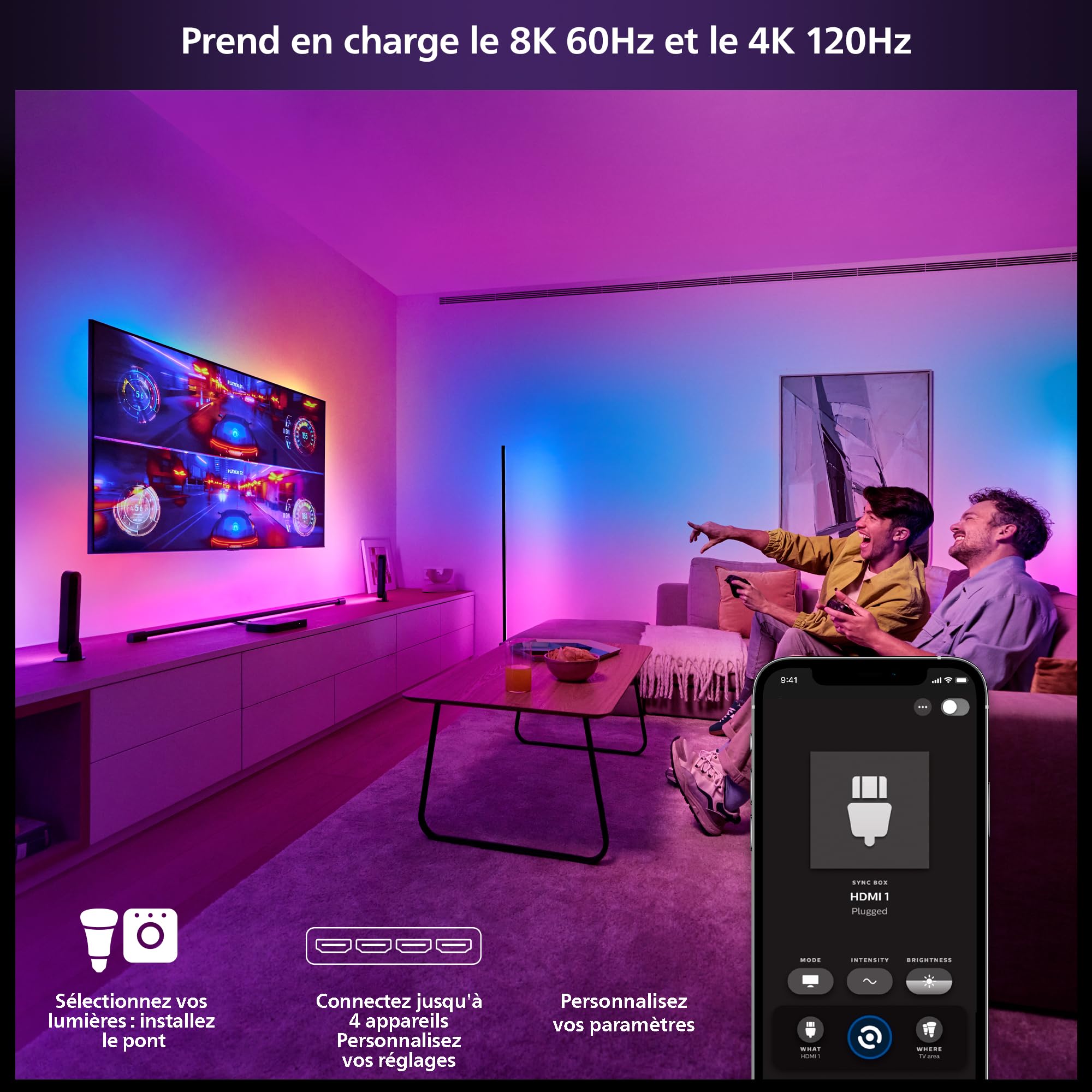 Philips Hue Play HDMI Sync Box 8K - Boitier connecté pour synchroniser jusqu'à 10 lumières avec Vos Jeux vidéo, Films et Musique - Nécessite Philips Hue Bridge - Compatible Dolby Vision HDR10+