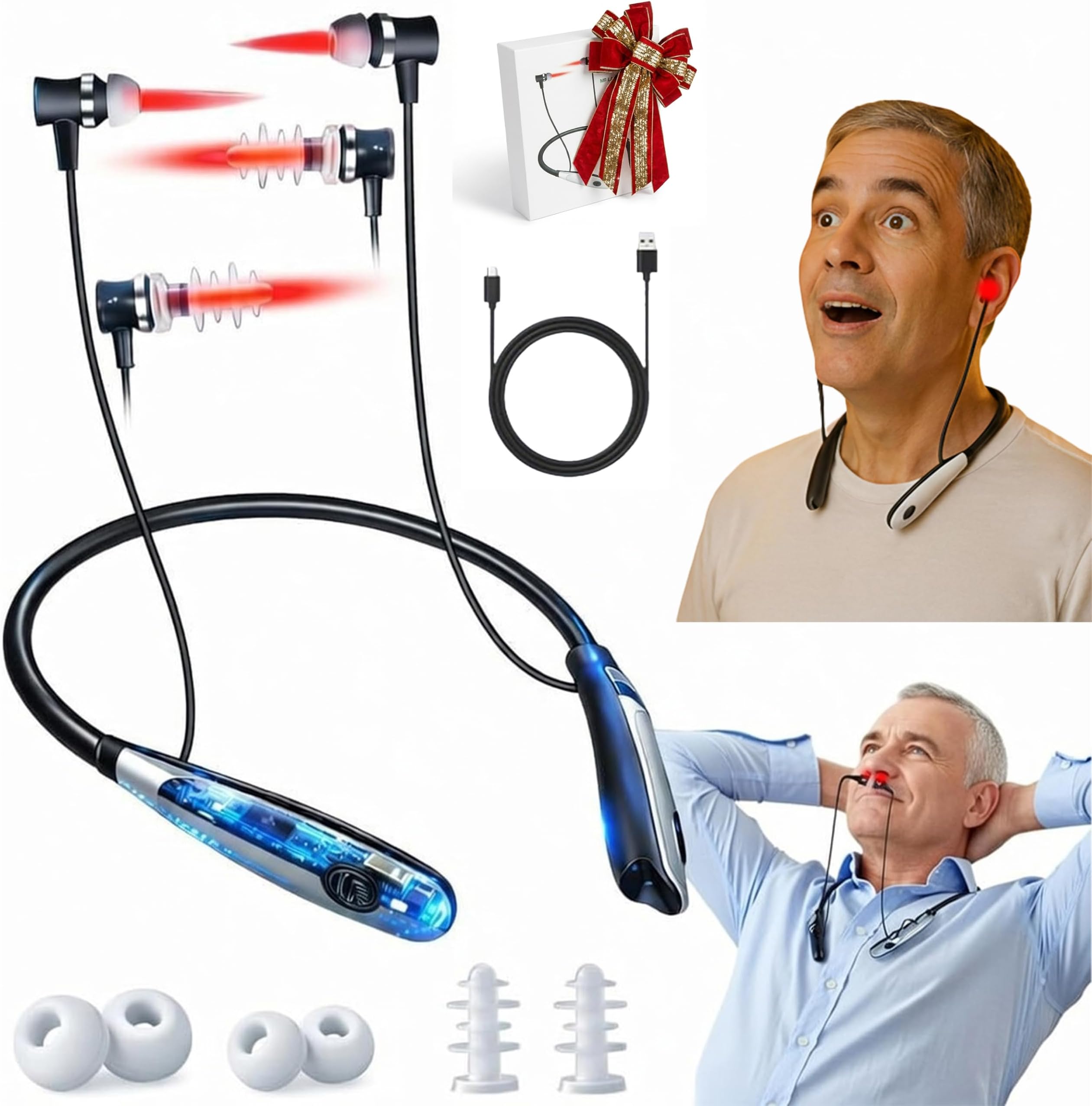 2-in-1 650nm Red Light Therapy Device for Nose & Ears – Tinnitus & Sinus Relief, Portable Neckband Design, Rechargeable with Auto Timer, Lightweight 0.11lb