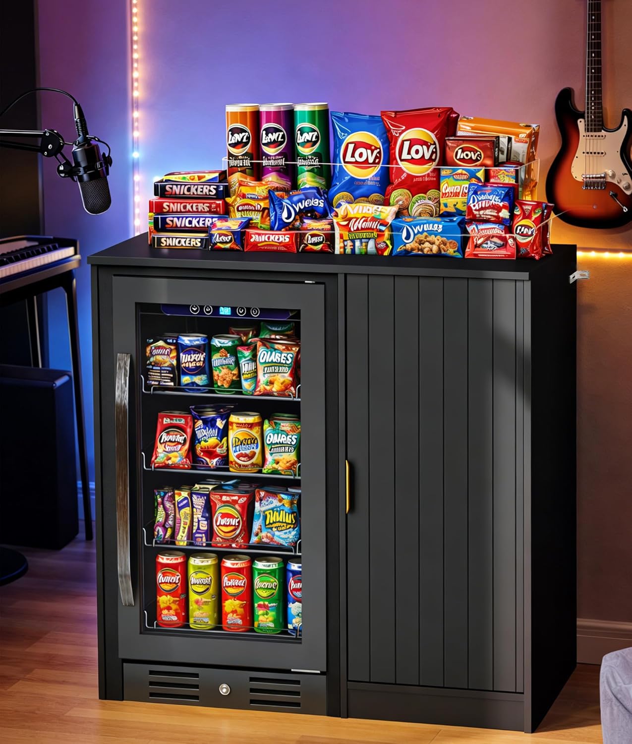 Coffee Bar with Mini Fridge Space - Snack Bar Cabinet with Power Outlet, Fluted Mini Fridge Cabinet with Adjustable Shelf for Kitchen Dining Room Living Room, Black