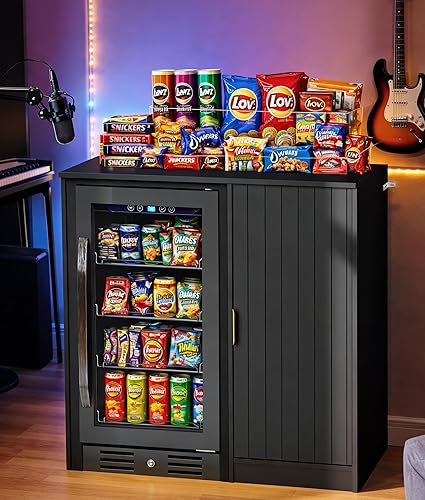 Miniatura 4 de Coffee Bar with Mini Fridge Space - Snack Bar Cabinet with Power Outlet, Fluted Mini Fridge Cabinet with Adjustable Shelf for Kitchen Dining Room