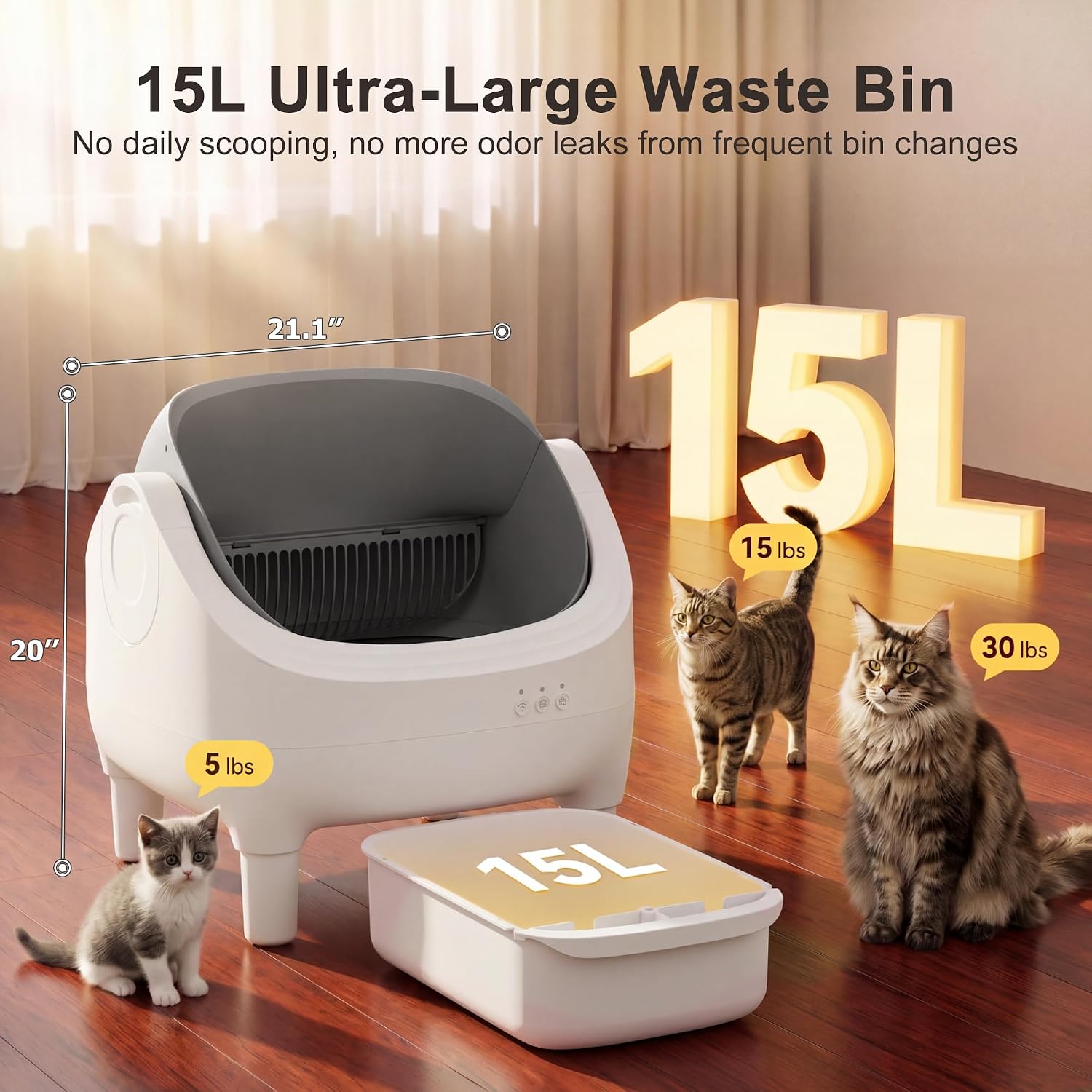 Greesum Self Cleaning Cat Litter Box – Automatic Open-Top Smart Litter Box with App Control, 15L Odor-Sealed Waste Bin, Ultra Quiet 35dB, Multi-Cat & Large Cat Compatible, with Trash Bags & Mat