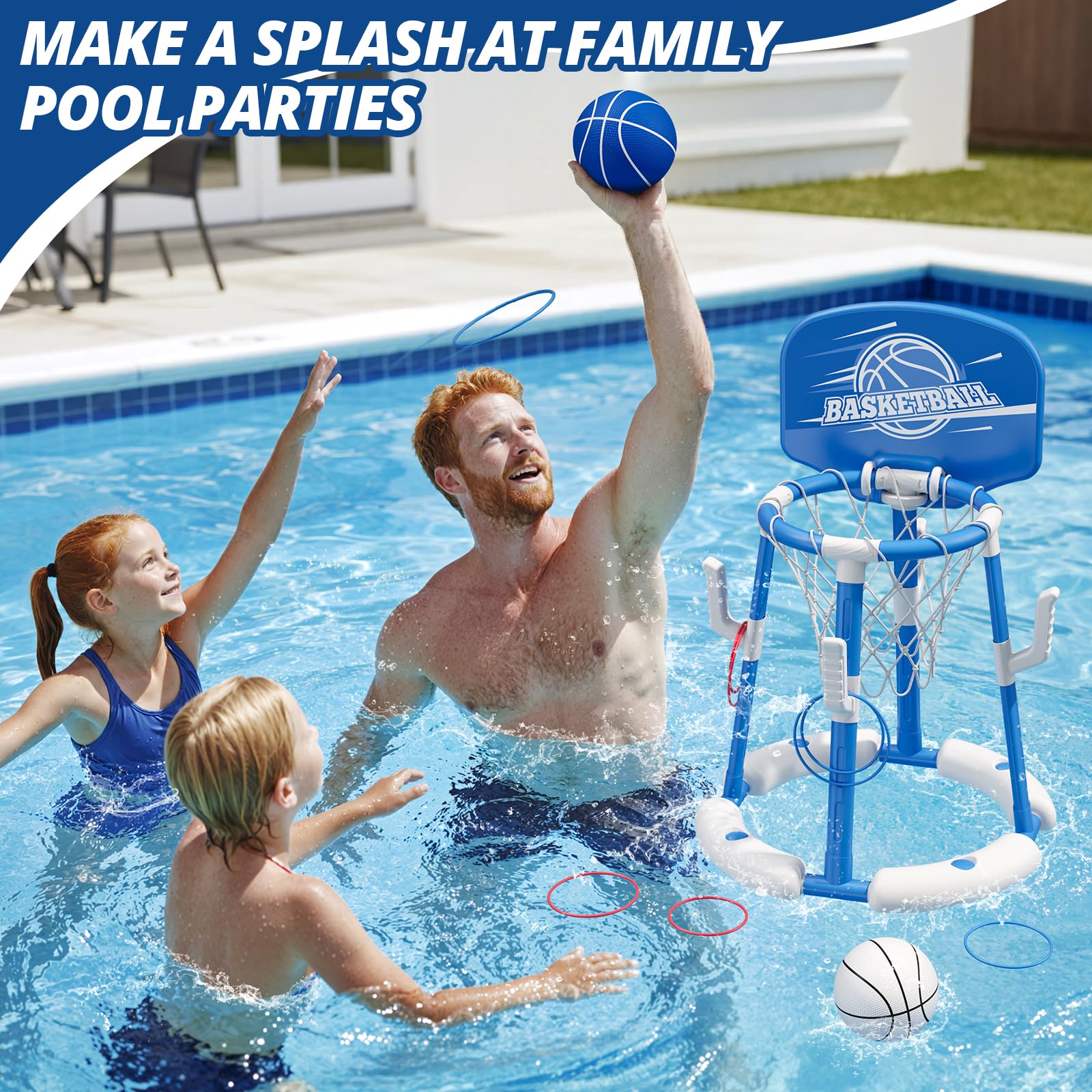 HYES Panier de Basket Flottant pour Piscine, Pool Basketball Hoop, Jouets de Piscine avec 4 Boules 8 Anneaux, Jeu de Basket d'eau en Plein air Intérieur pour Garçons Filles Enfants Adulte, Bleu