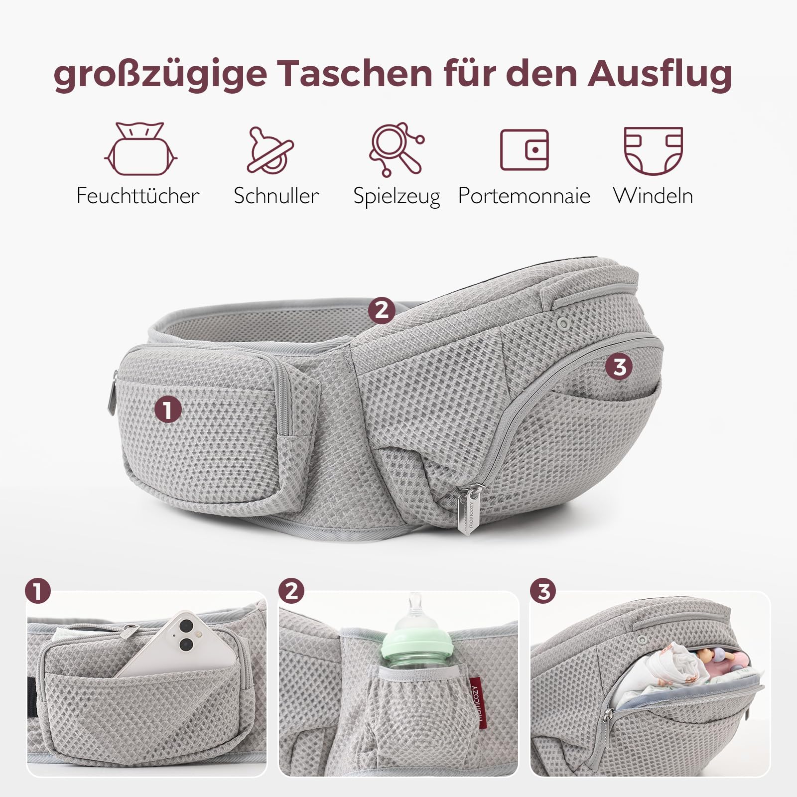 Momcozy Babytrage mit Hüftkissen, 2-in-1 Verstellbare & Abnehmbare Hüfttrage bis 20kg, Atmungsaktive Tragehilfe mit Lendenstütze für Eltern, Leichte Babytrage für Neugeborene, Grau